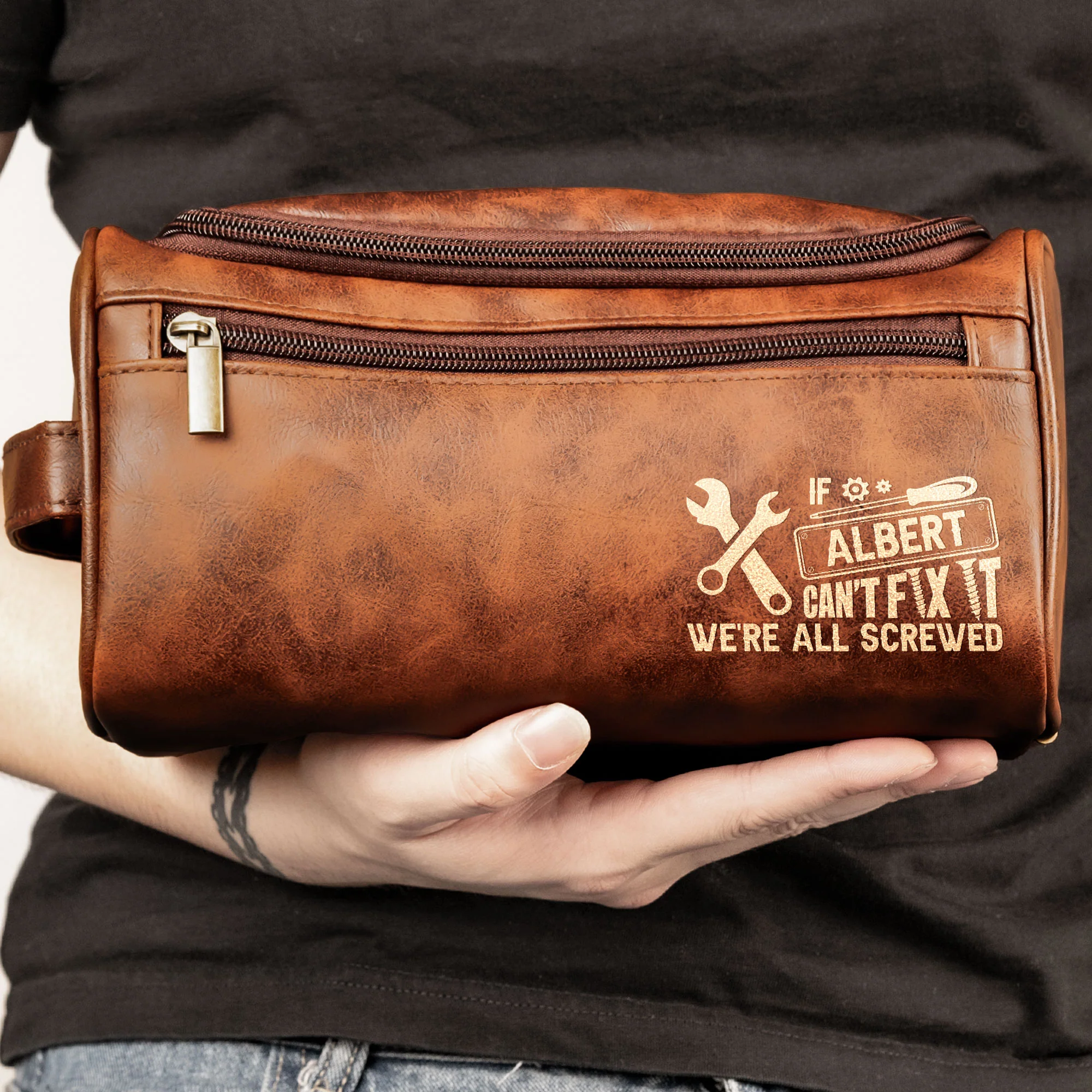 If He Can't Fix It, We'Re All Screwed - For Dad, Husband, Papa - Personalized Leather Toiletry Bag - Image 5