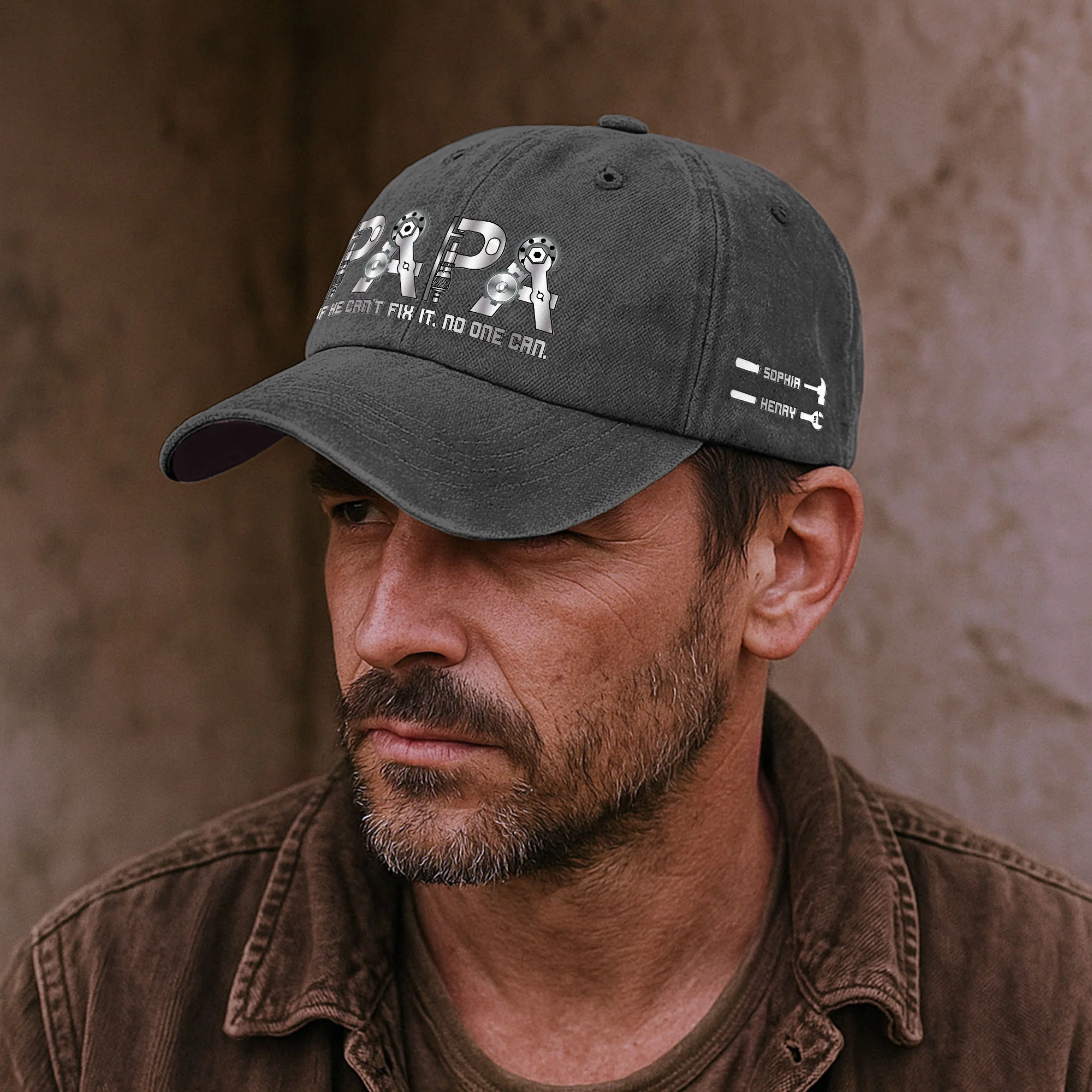 If Papa Can't Fix It No One Can - Personalized Distressed Denim Cap - Image 4
