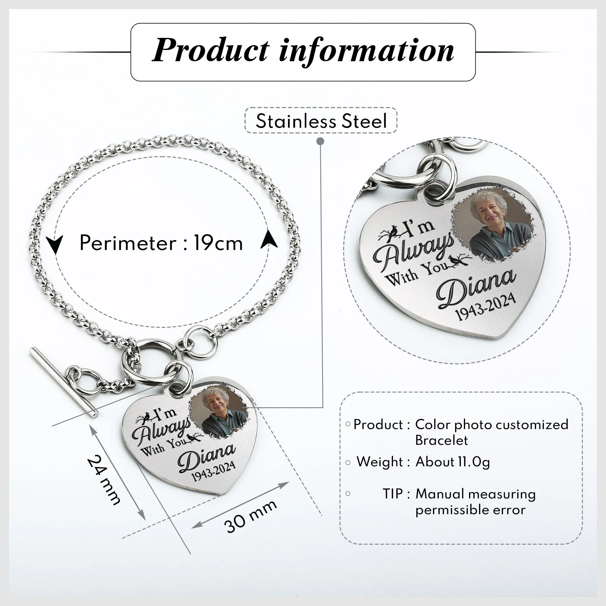 I'm Always With You New Version - Personalized Photo Heart Bracelet - Image 6