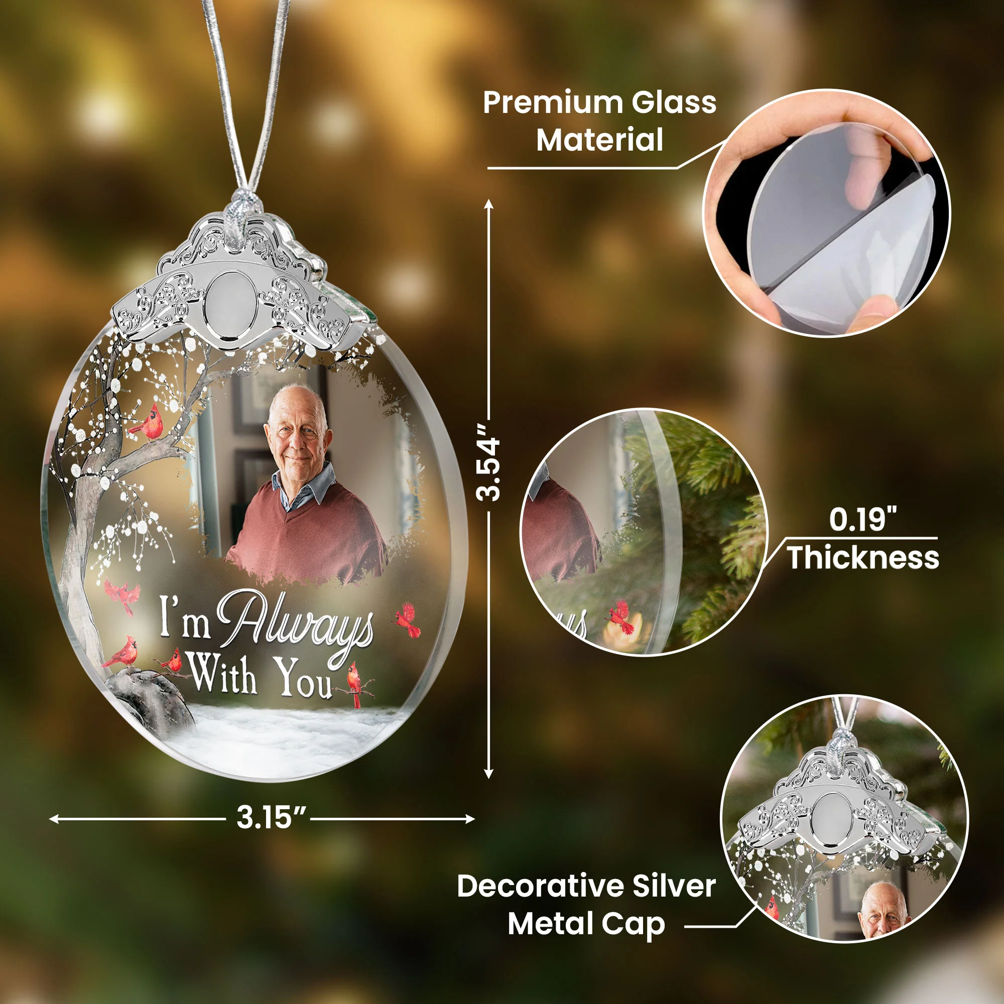 I'm Always With You - Personalized Glass Photo Ornament With Silver Cap - Image 2
