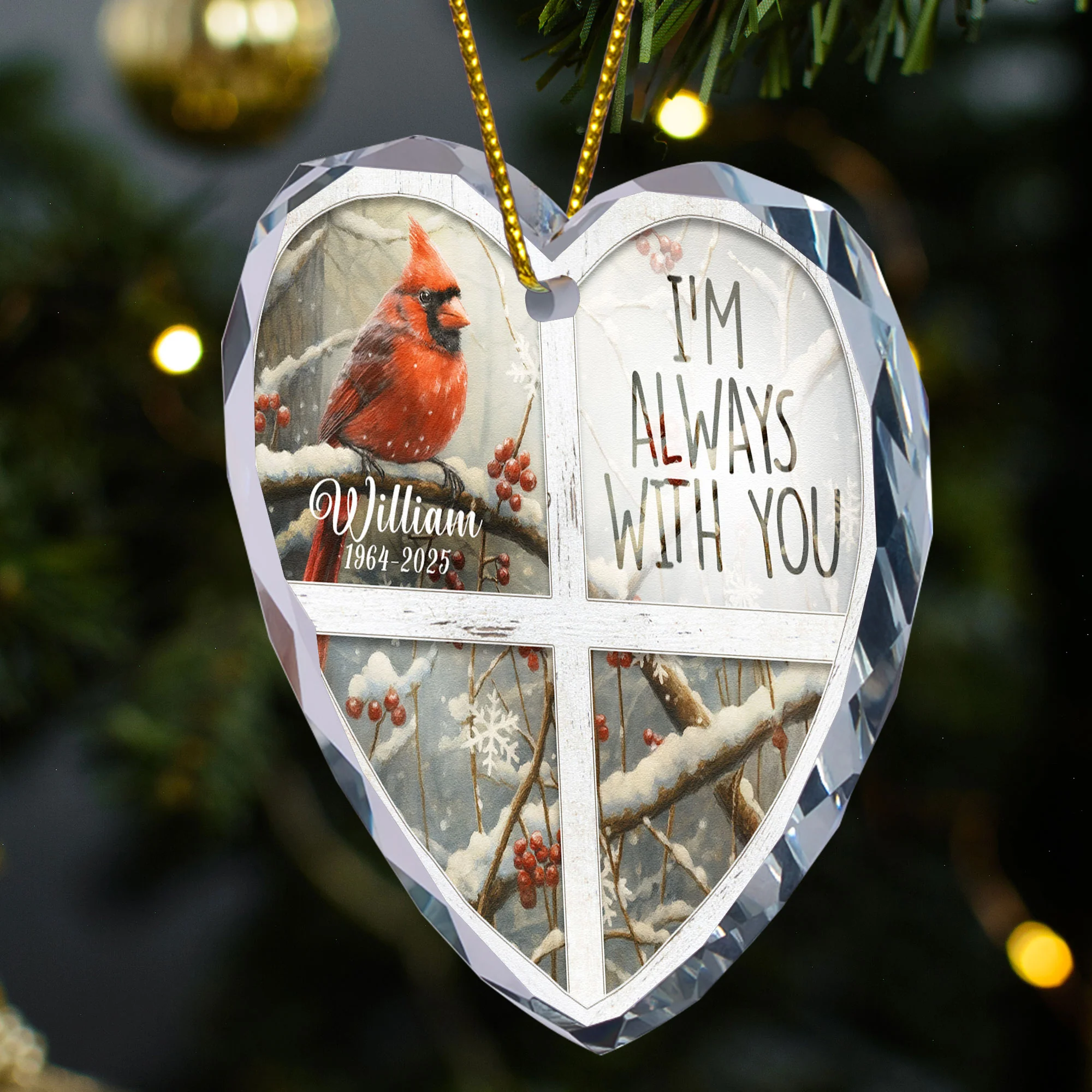 I'm Always With You Red Cardinal - Personalized Heart Glass Ornament - Image 3