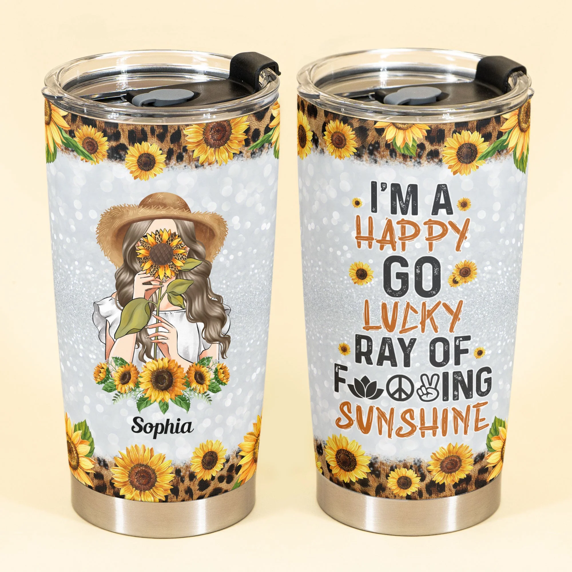 I'm Happy Go Lucky - Personalized Tumbler Cup - Birthday Gift For Girl, Woman, Hippie  - Sunflower Girl - Image 2