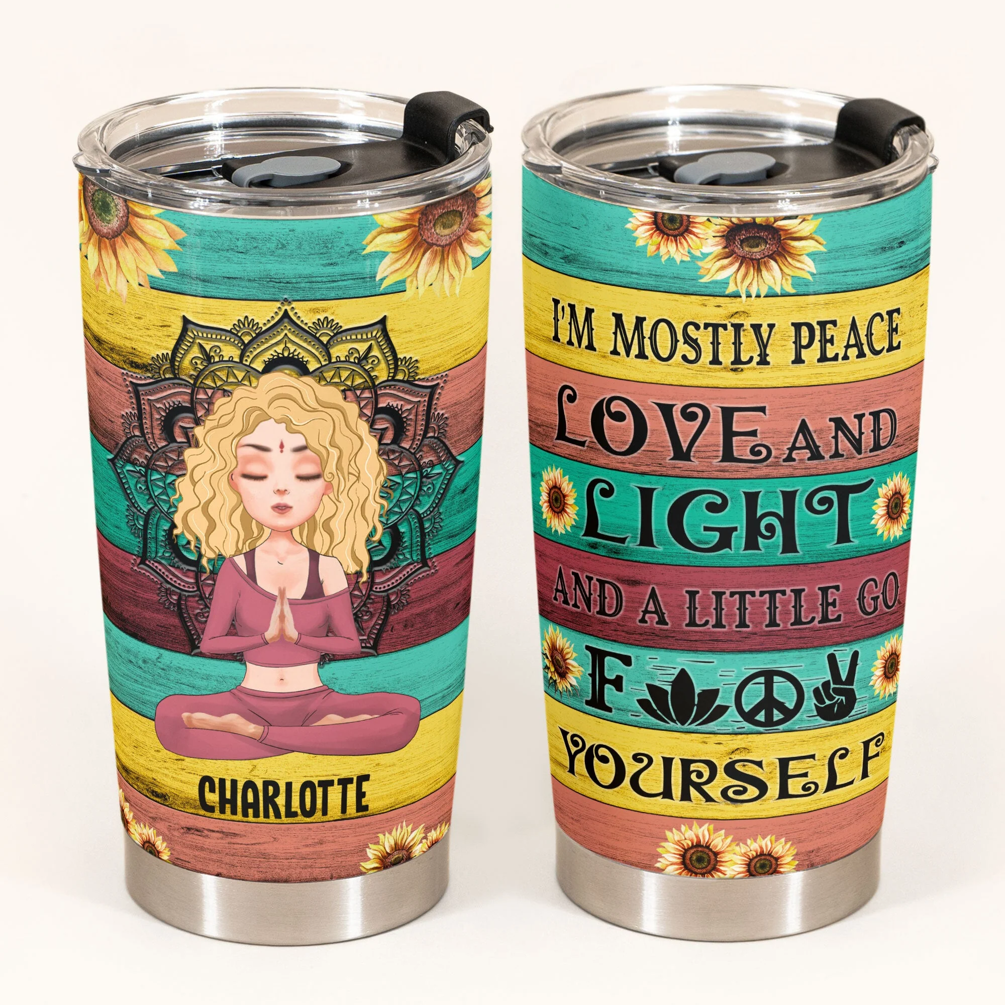 I'm Mostly Peace Love And Light - Personalized Tumbler Cup - Gift For Yoga Lover - Yoga Girl Illustration - Image 2