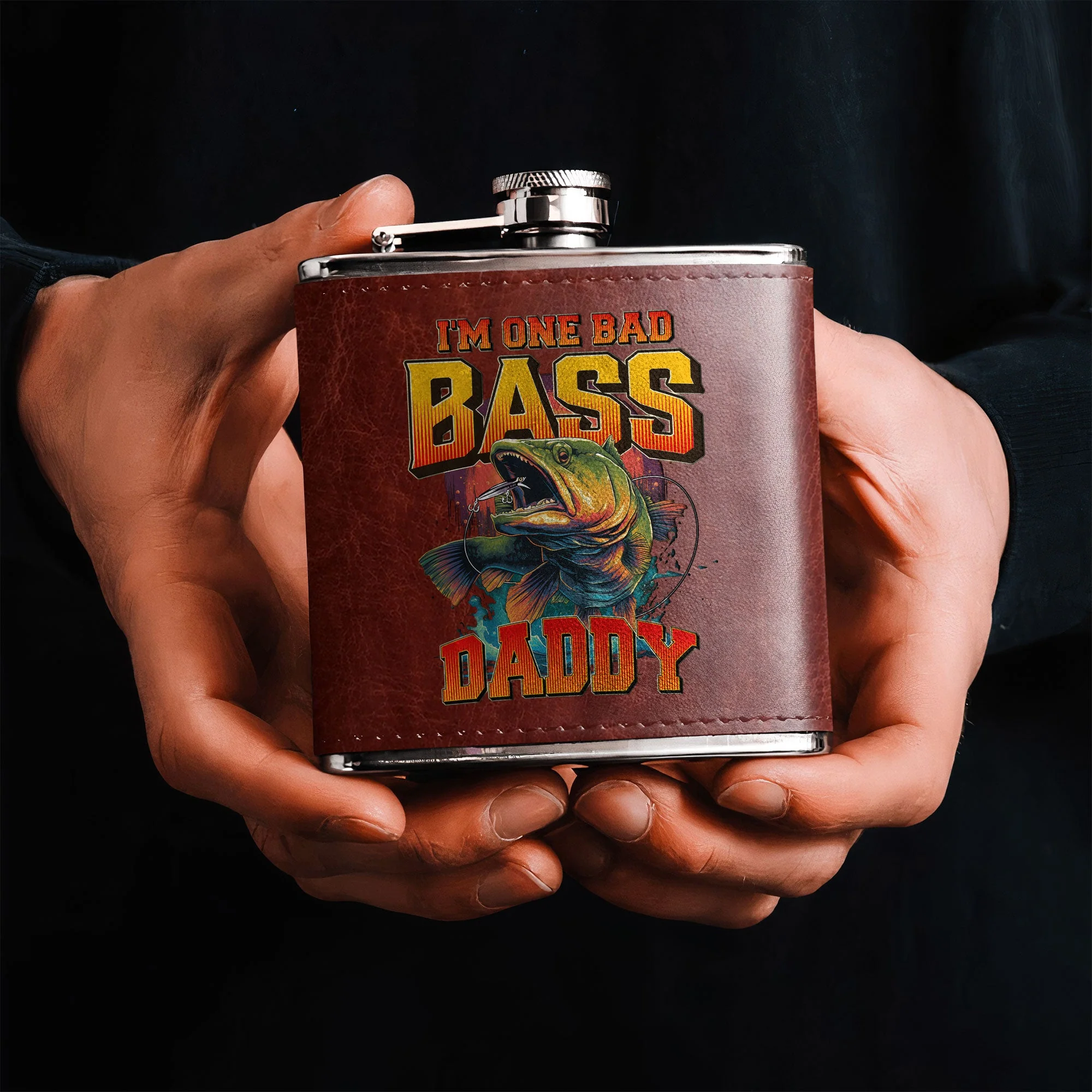 I'm One Bad Bass Grandpa, Daddy - Personalized Leather Flask - Image 3