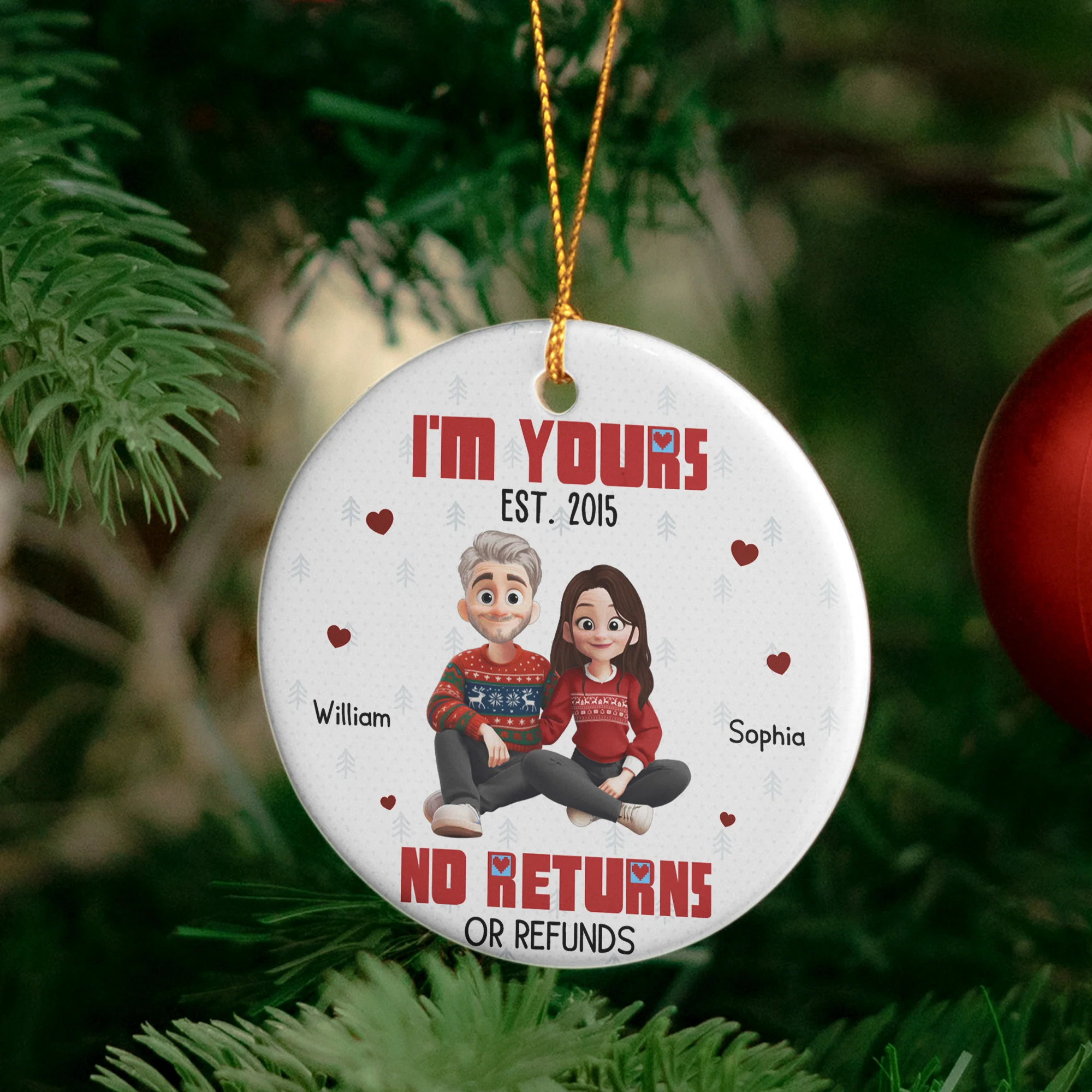 I'm Yours Est No Returns Or Refunds Cartoon Couple - Personalized Ceramic Ornament - Image 4