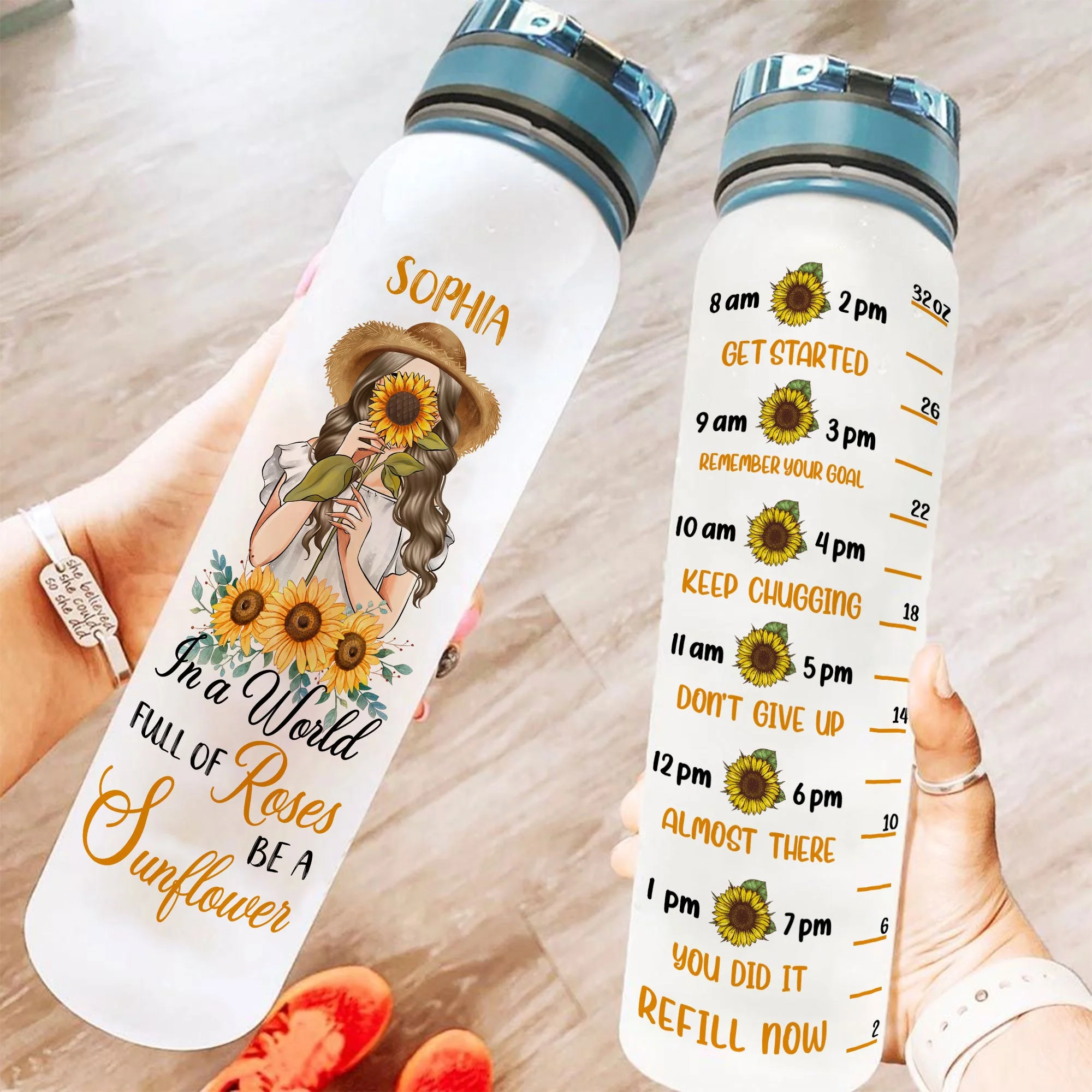 In A World Full Of Roses Be A Sunflower  - Personalized Water Bottle With Time Marker - Birthday, Motivation Gift For Her, Girl, Woman - Image 2