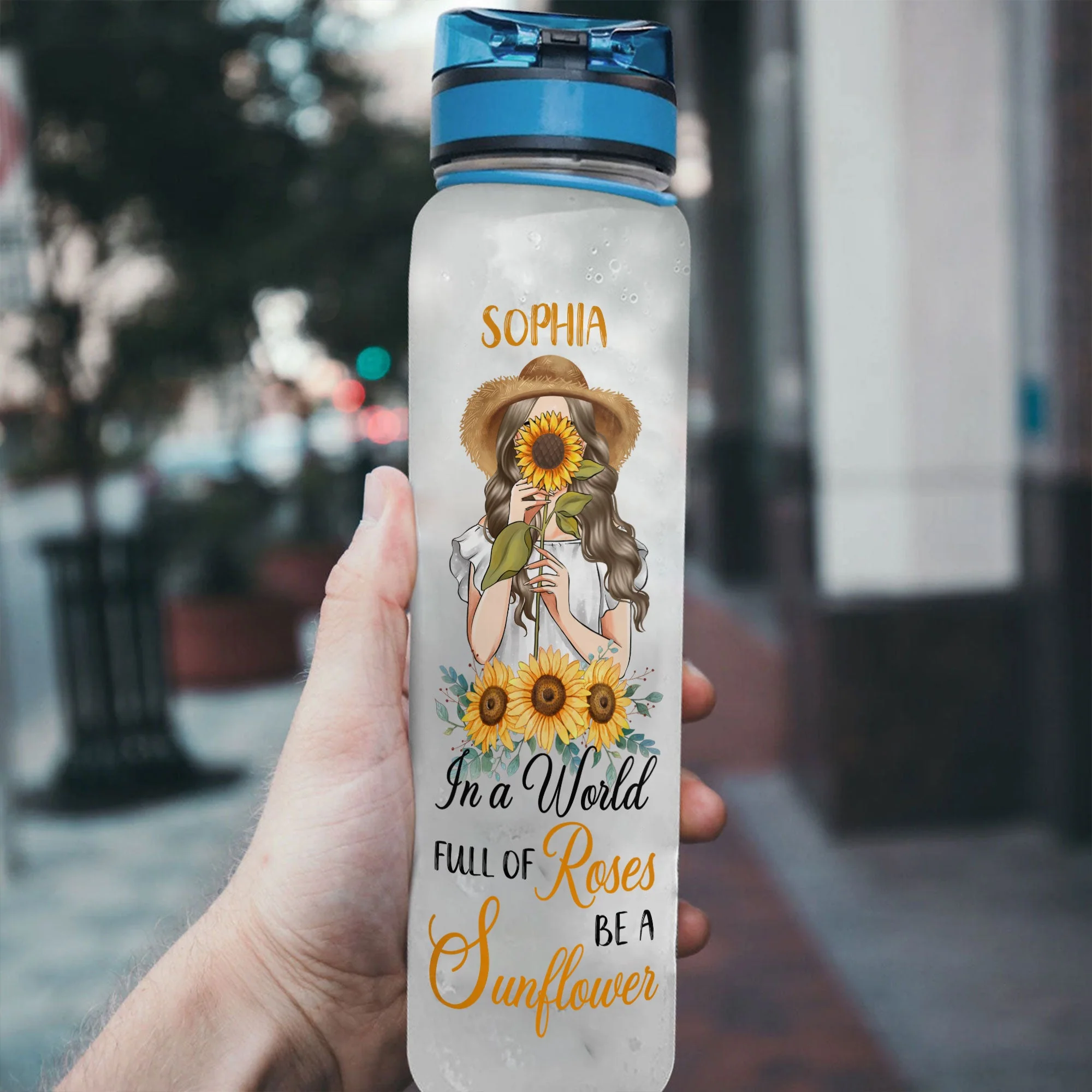 In A World Full Of Roses Be A Sunflower  - Personalized Water Bottle With Time Marker - Birthday, Motivation Gift For Her, Girl, Woman - Image 3
