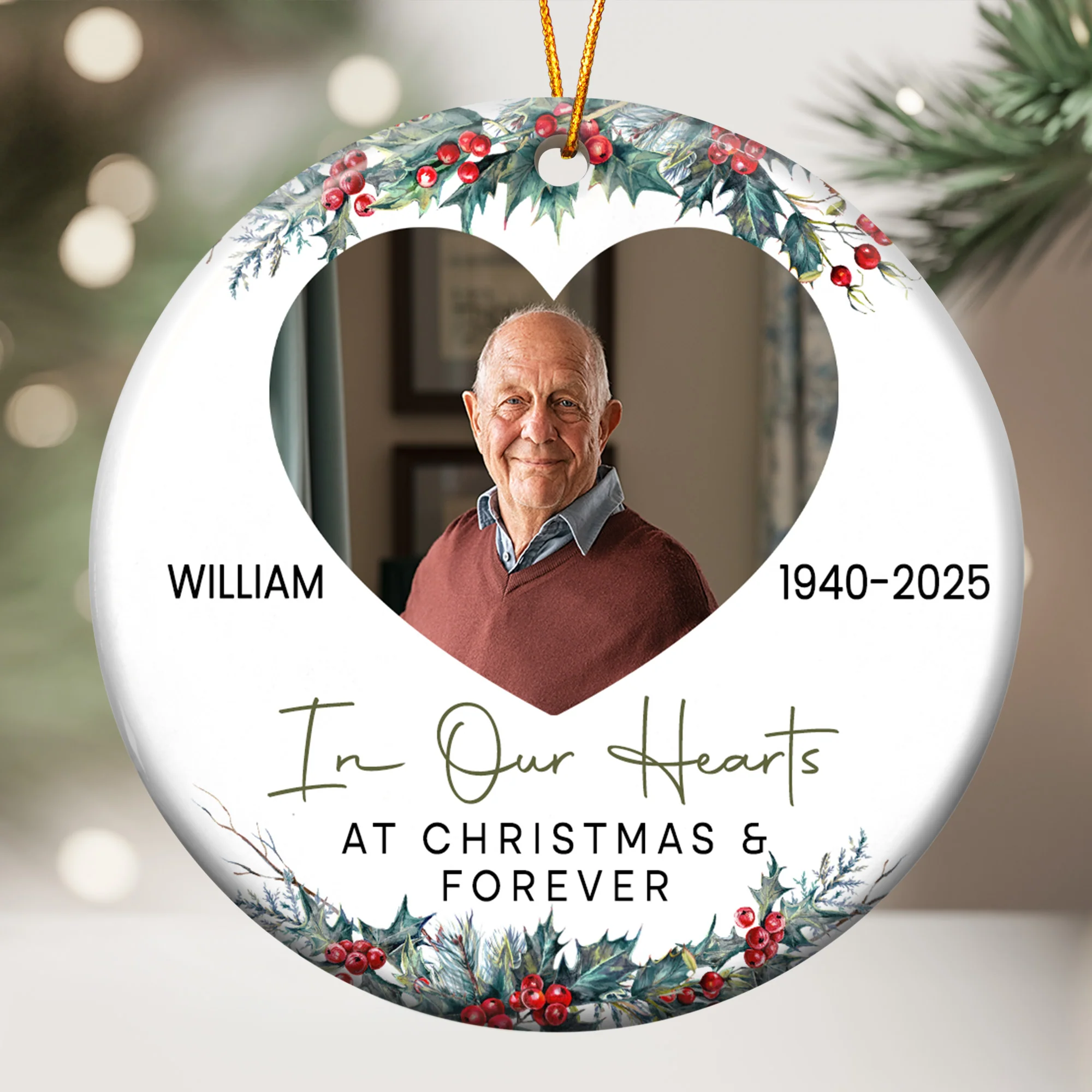 In Our Hearts At Christmas And Forever - Personalized Ceramic Photo Ornament