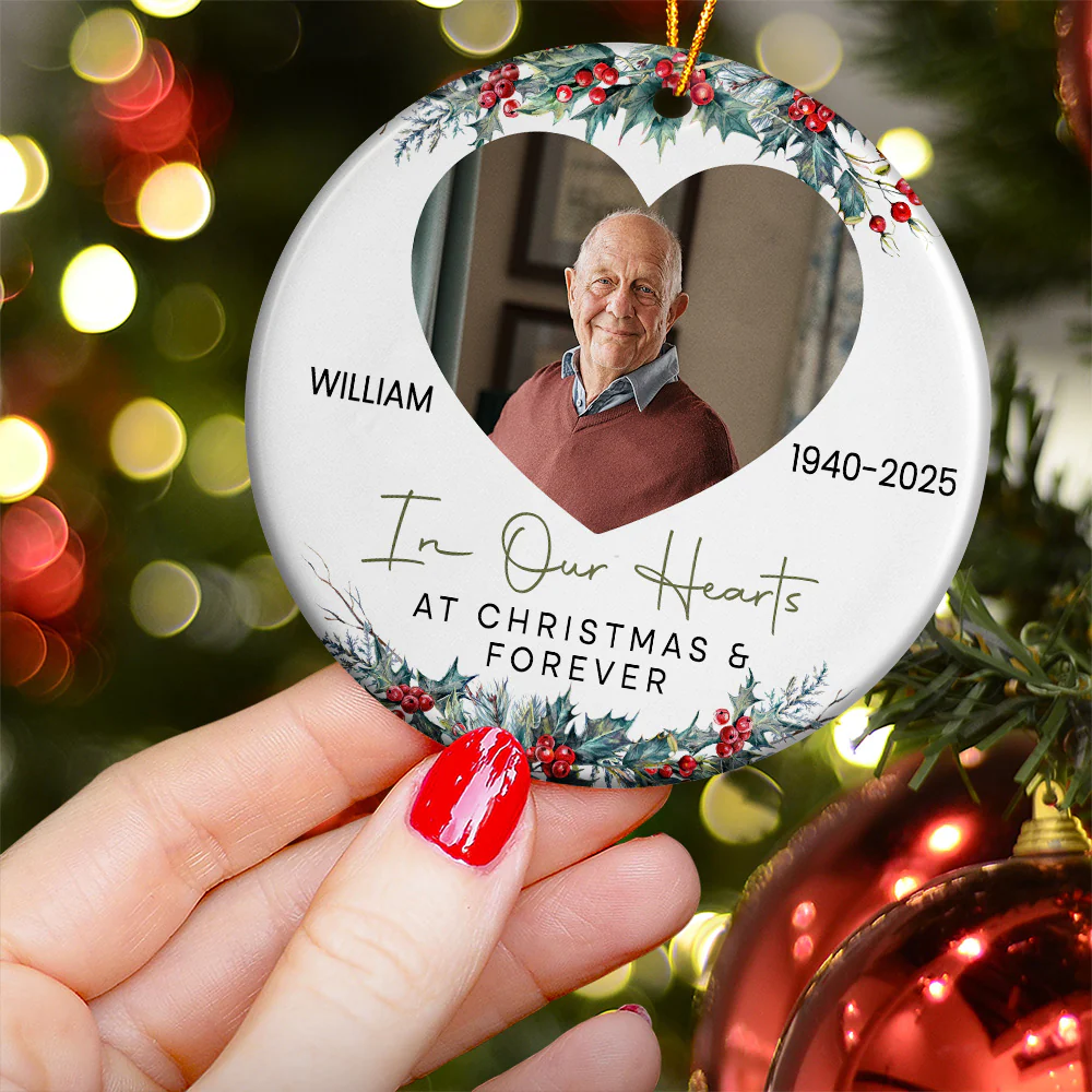In Our Hearts At Christmas And Forever - Personalized Ceramic Photo Ornament - Image 4