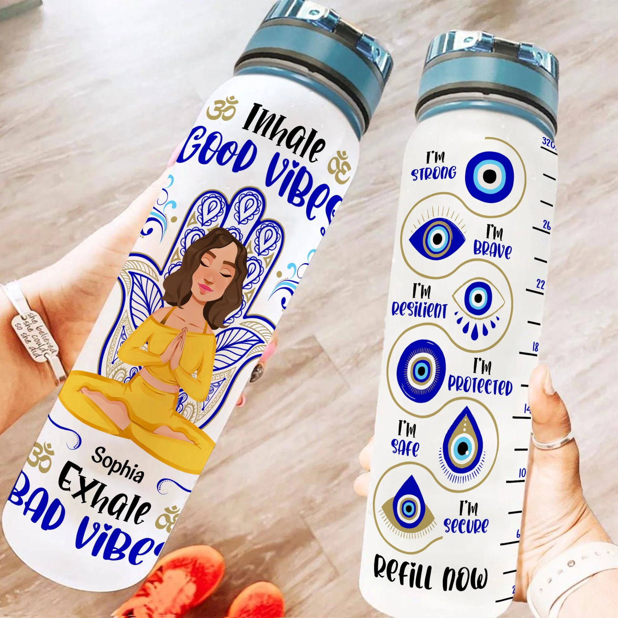 Inhale Good Vibes , Exhale Bad Vibes - Personalized Water Bottle With Time Marker - Image 2