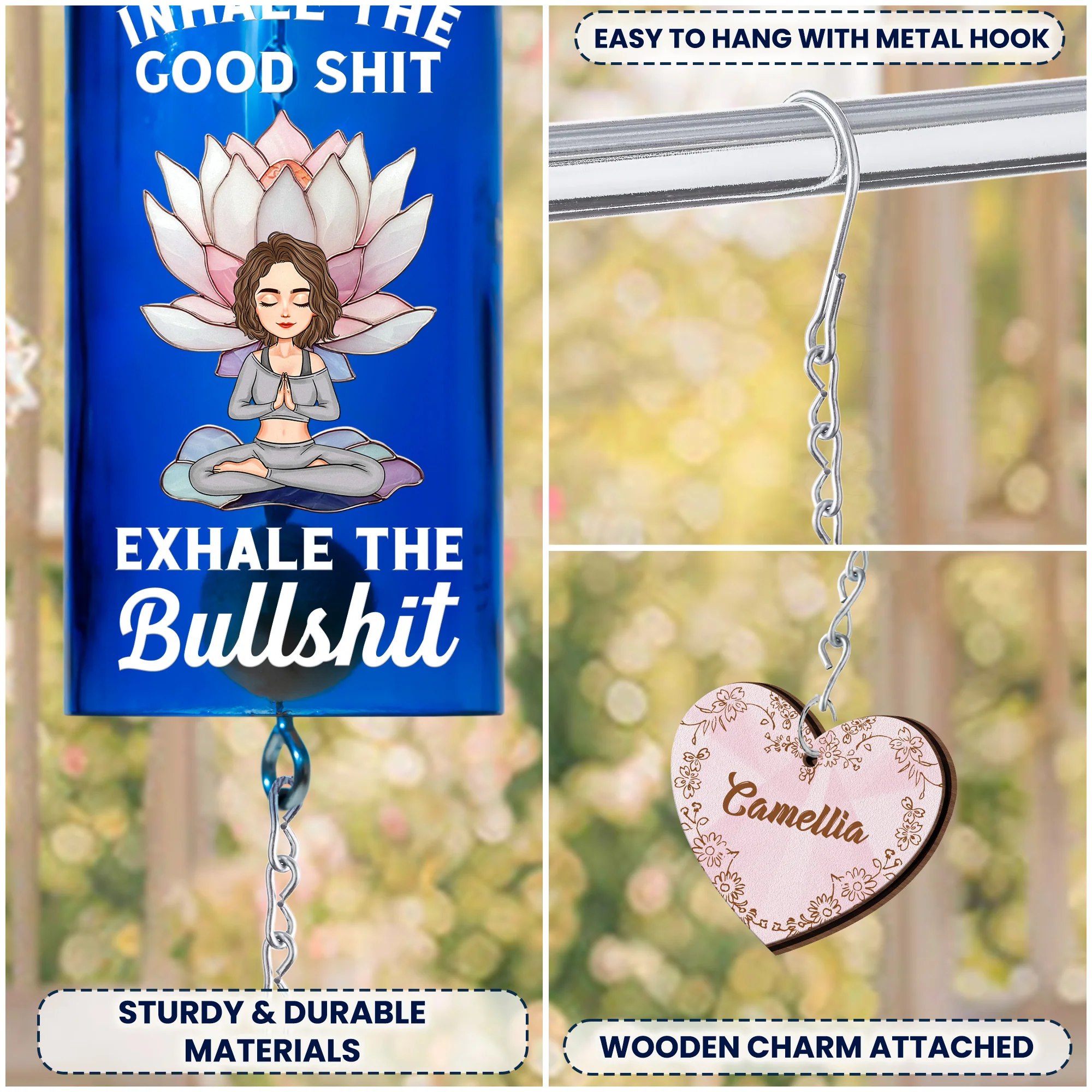 Inhale The Good Sh!t Exhale The Bullsh!t Lotus - Personalized Wine Bottle Wind Chime - Image 4