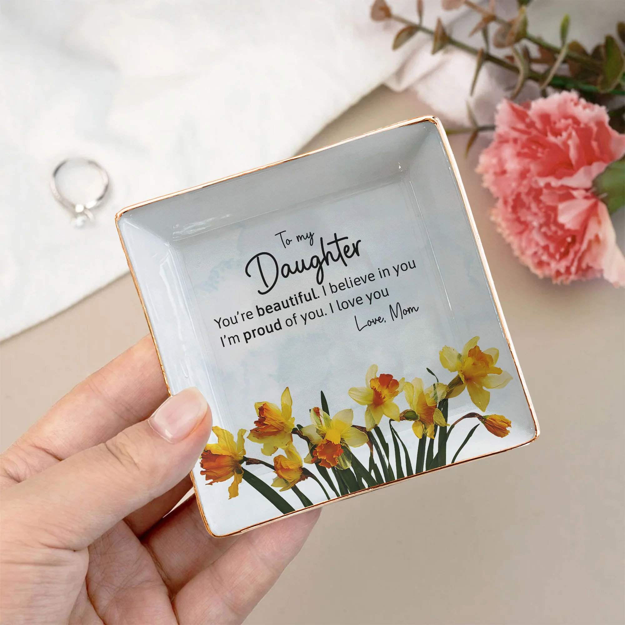 Inspirational Gift For Her Faux Pressed Birth Flower - Personalized Jewelry Dish - Image 3