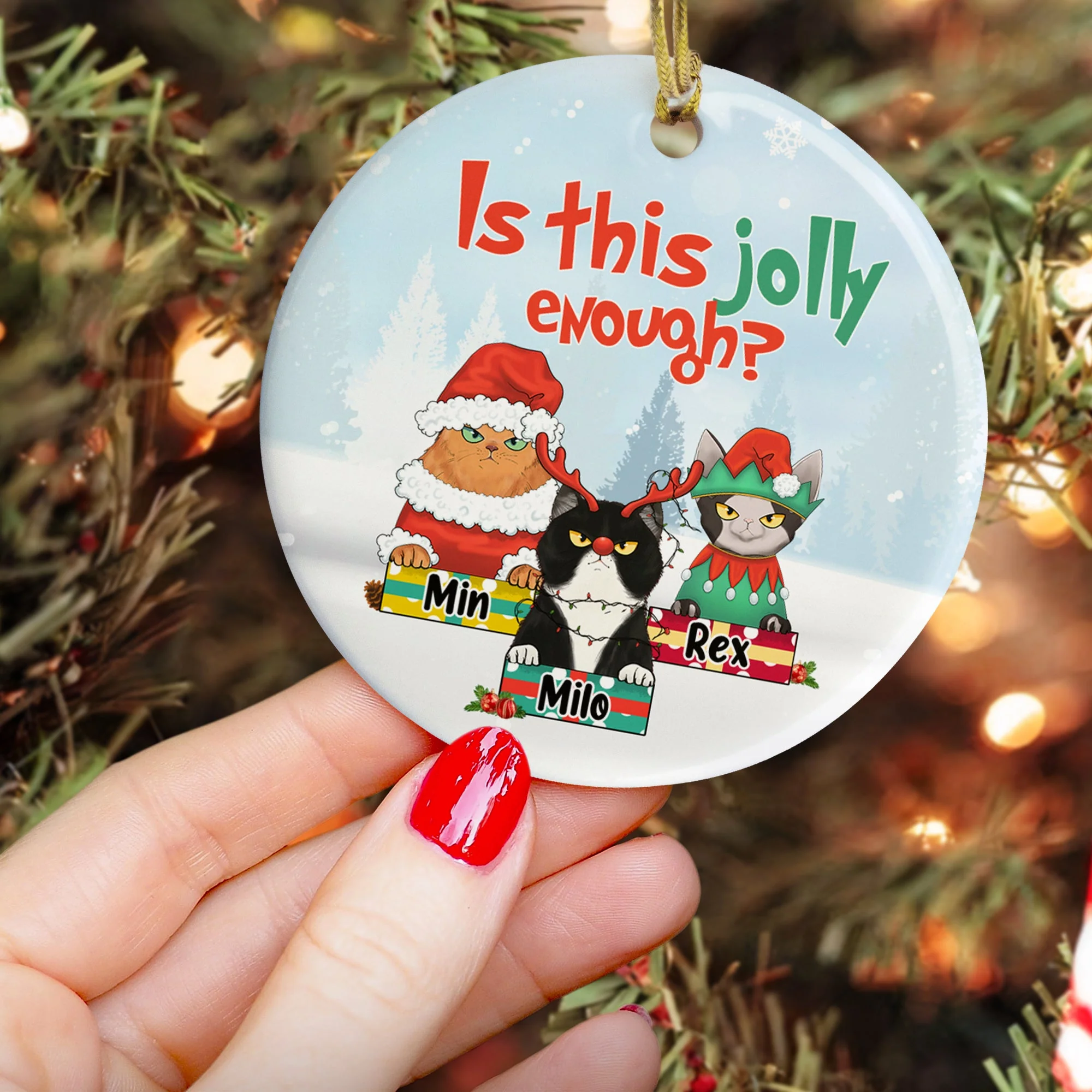 Is This Jolly Enough - Personalized One-sided Ceramic Ornament - Christmas Gift For Cat Lovers, Cat Mom, Cat Dad - Glaring Cat - Image 3