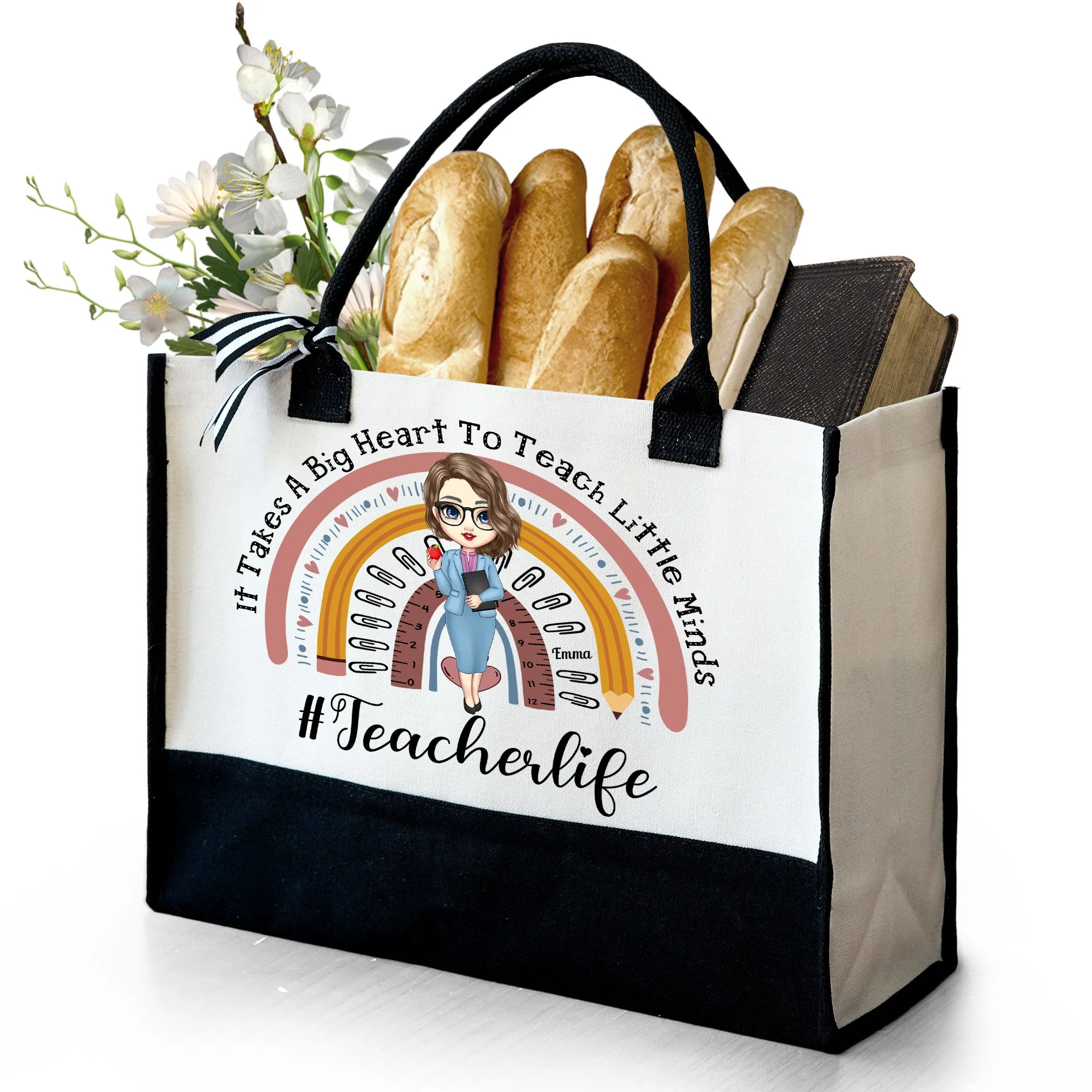 It Takes A Big Heart To Shape Little Minds Teacher - Personalized Canvas Tote Bag - Image 3