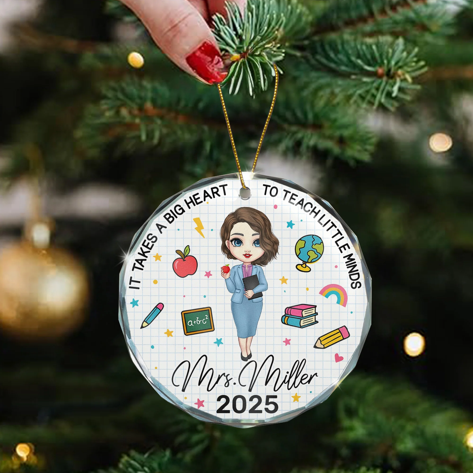 It Takes A Big Heart To Teach Little Minds - Personalized Glass Ornament - Image 4
