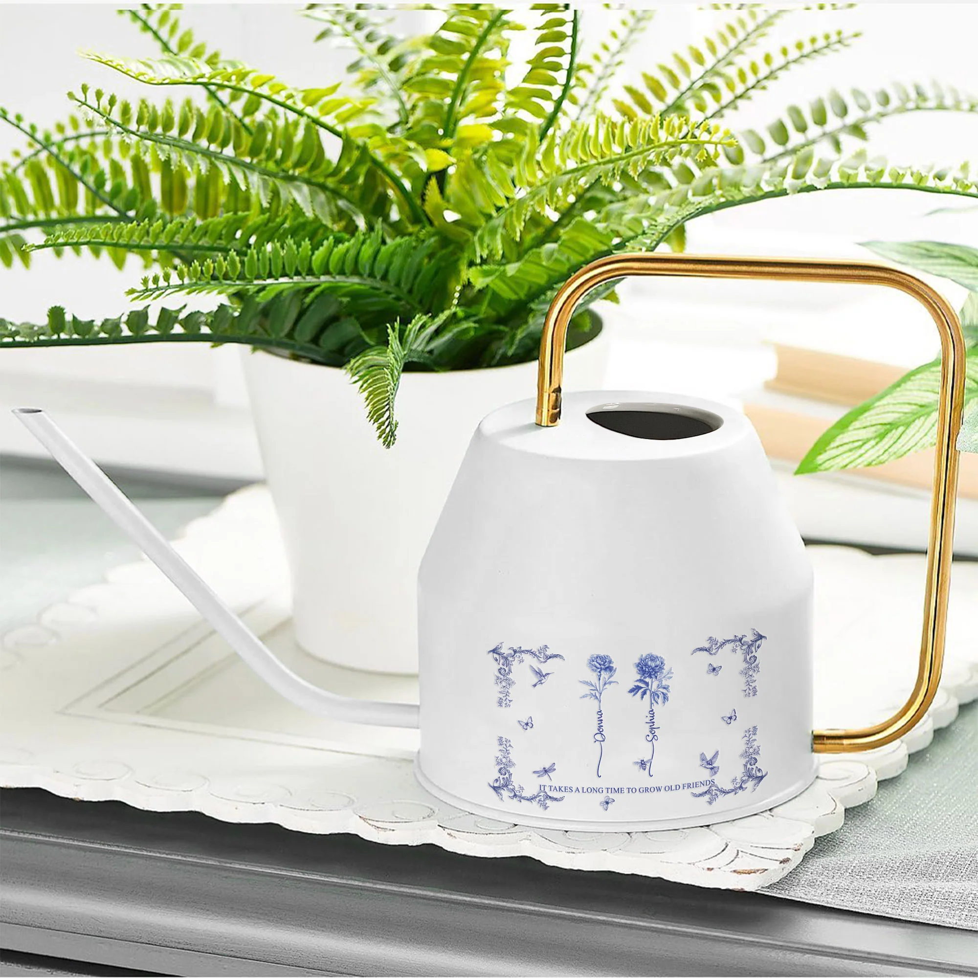 It Takes A Long Time To Grow An Old Friend - Custom Birth Flower Toile De Jouy - Personalized Indoor Watering Can - Image 3