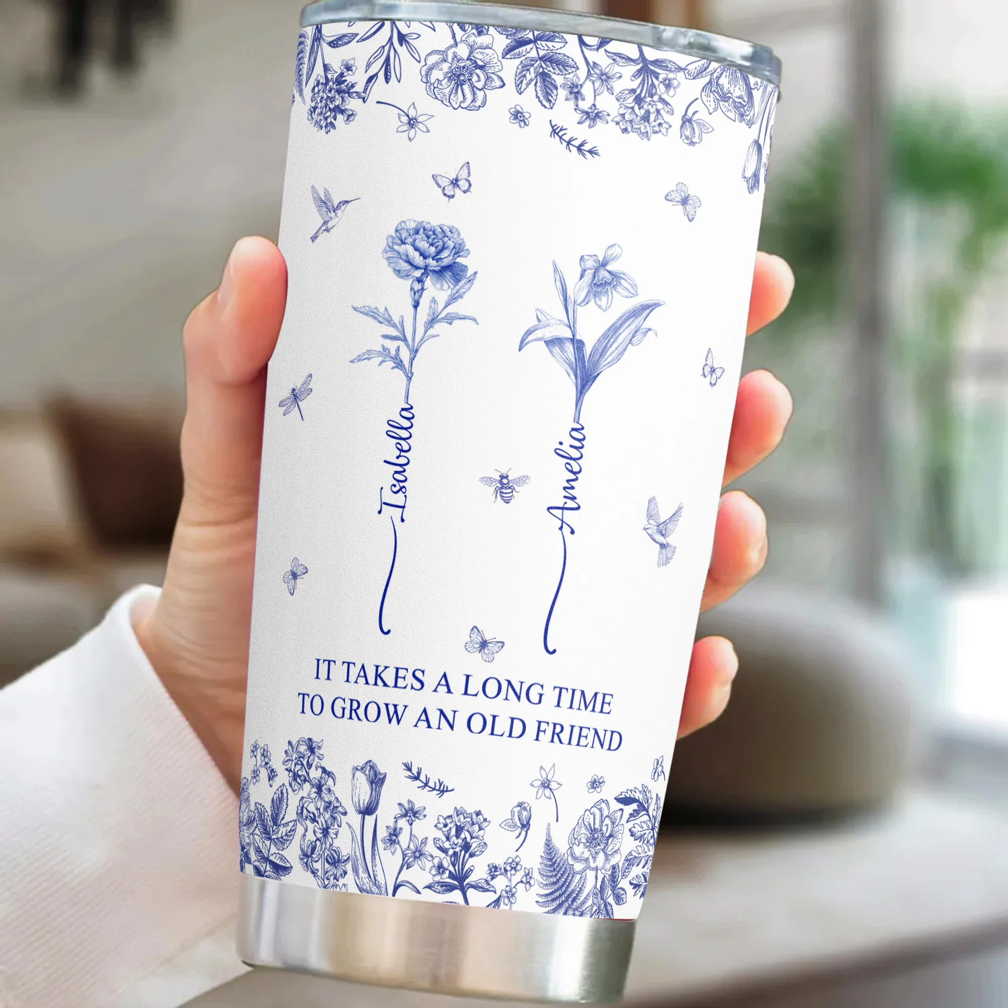 It Takes A Long Time To Grow An Old Friend Custom Birth Flower Toile De Jouy - Personalized Tumbler Cup - Gift For Friend - Image 3