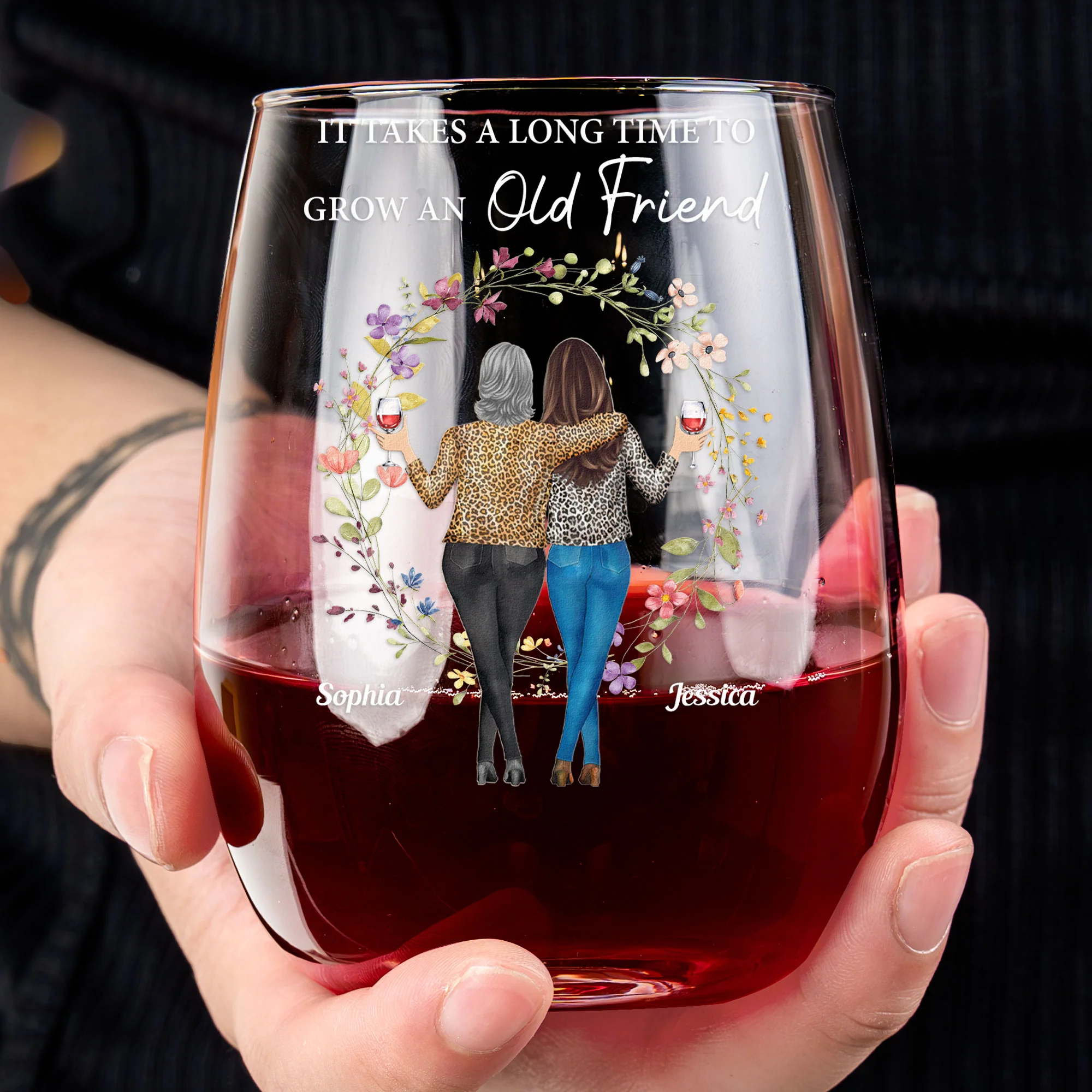 It Takes A Long Time To Grow An Old Friend - Personalized Stemless Wine Glass - Image 3