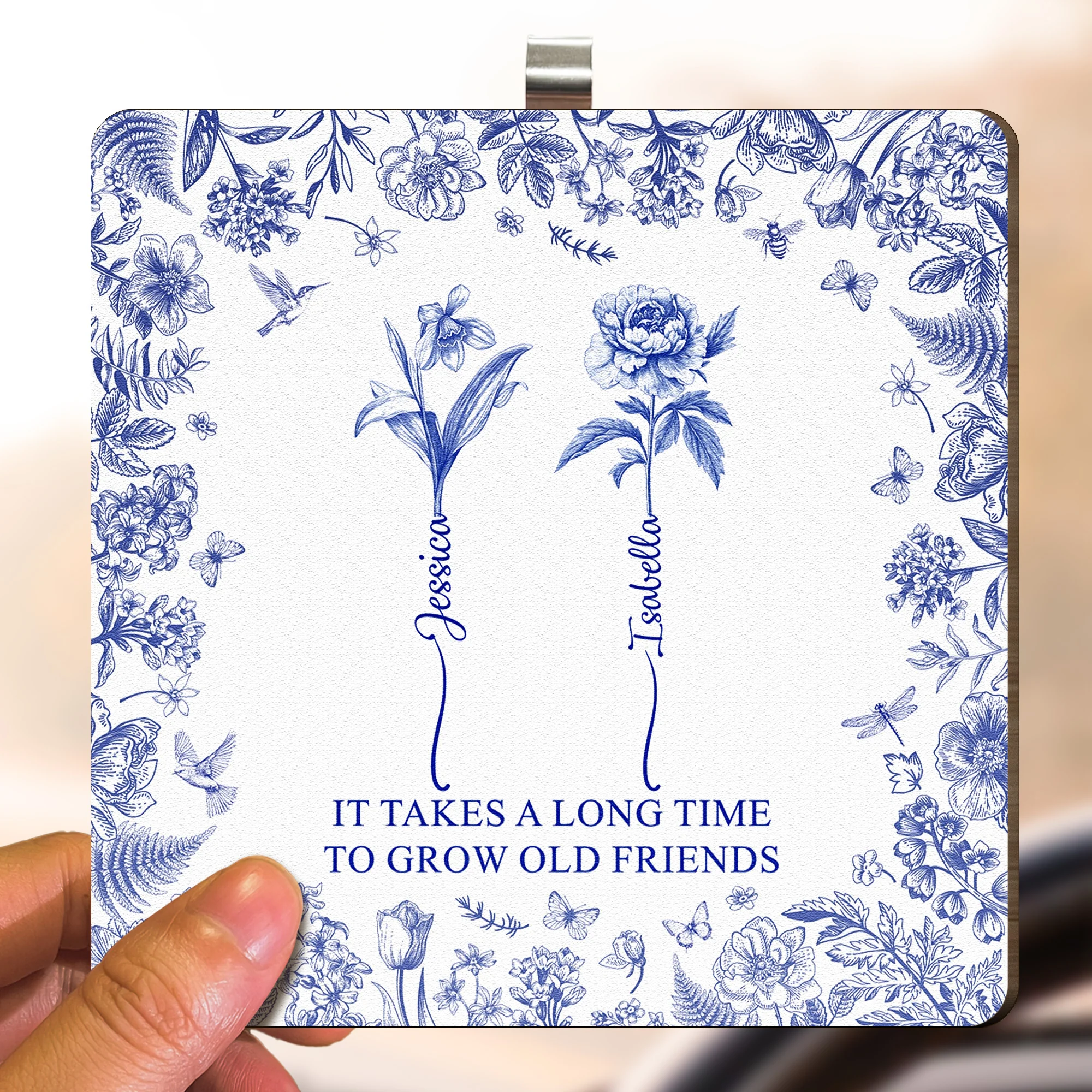 It Takes A Long Time To Grow Old Friends Custom Birth Flower - Personalized Wooden Car Visor Clip - Image 3