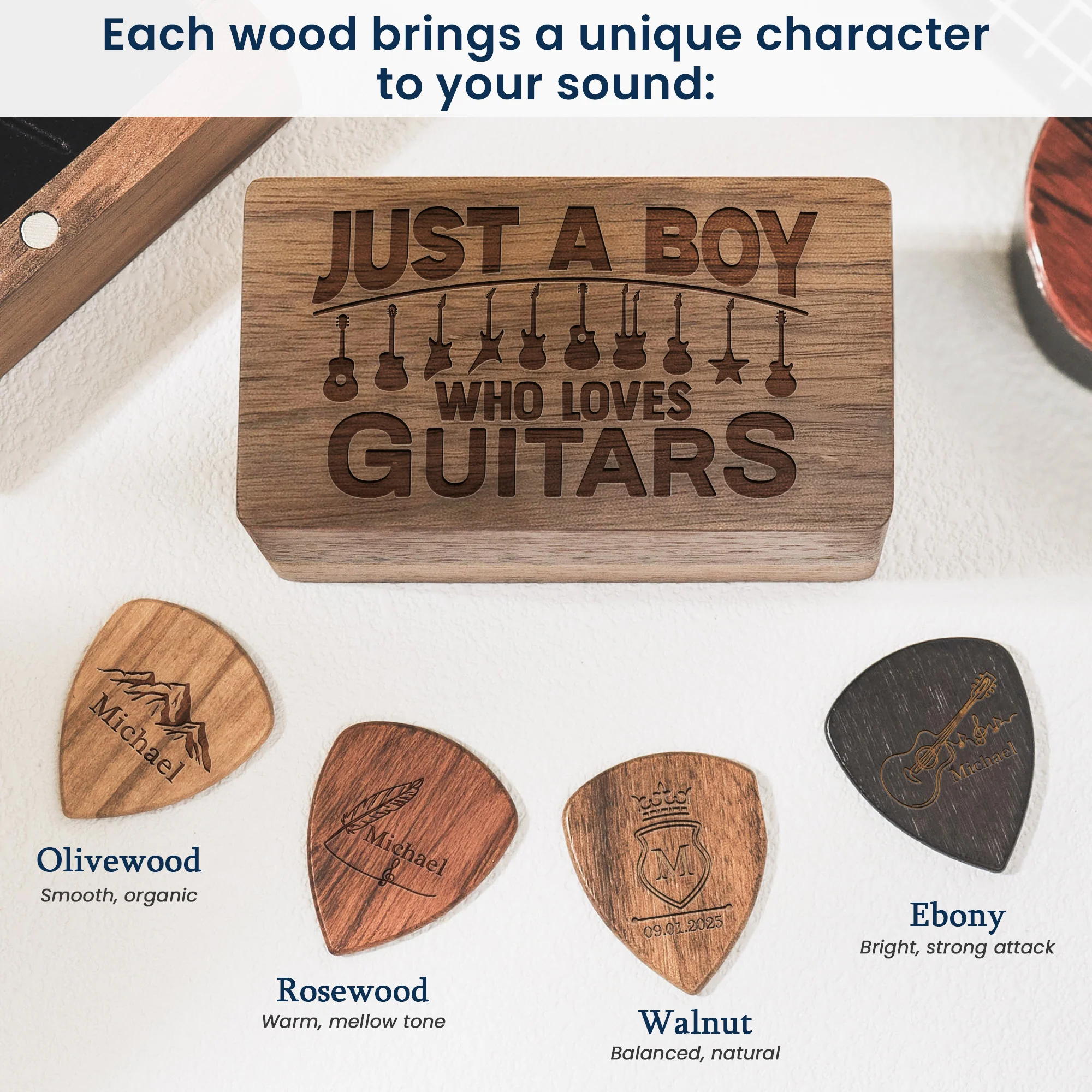 Just A Boy Who Loves Guitars - Personalized Wooden Guitar Pick Box - Image 2
