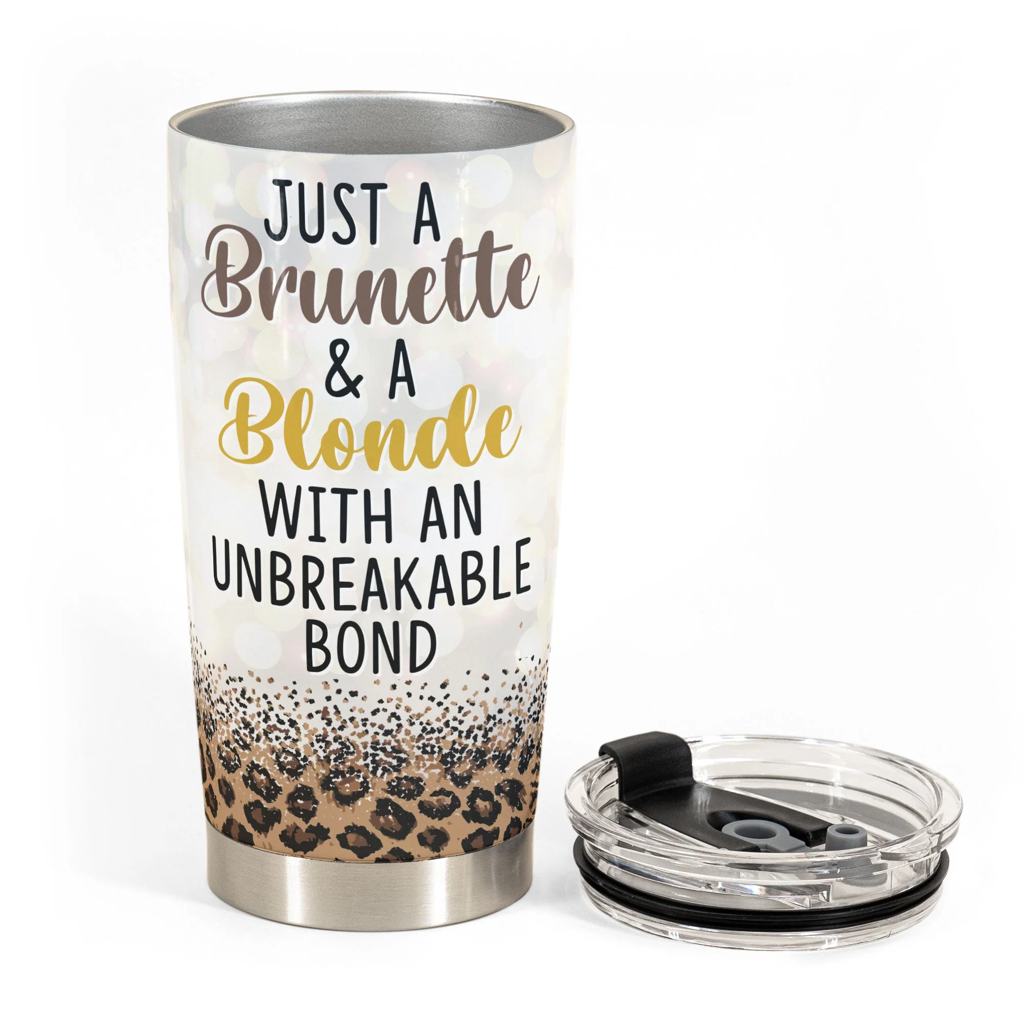 Just A Brunette & A Blonde With An Unbreakable Bond - Personalized Tumbler Cup - Leopard Pattern Jacket Woman - Image 3