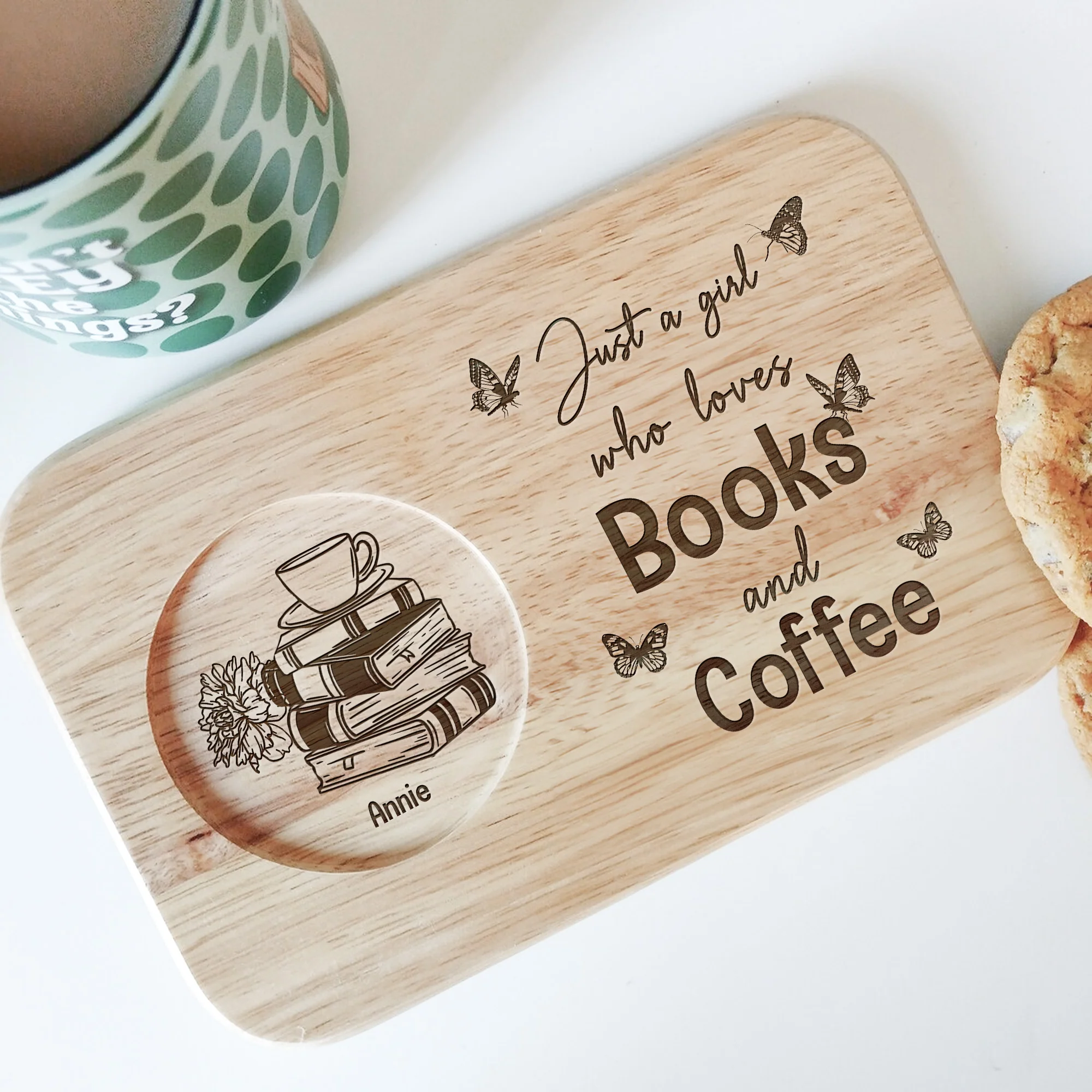 Just A Girl Who Loves Books And Coffee - Custom Engraved Wooden Tea & Biscuit Board - Image 3