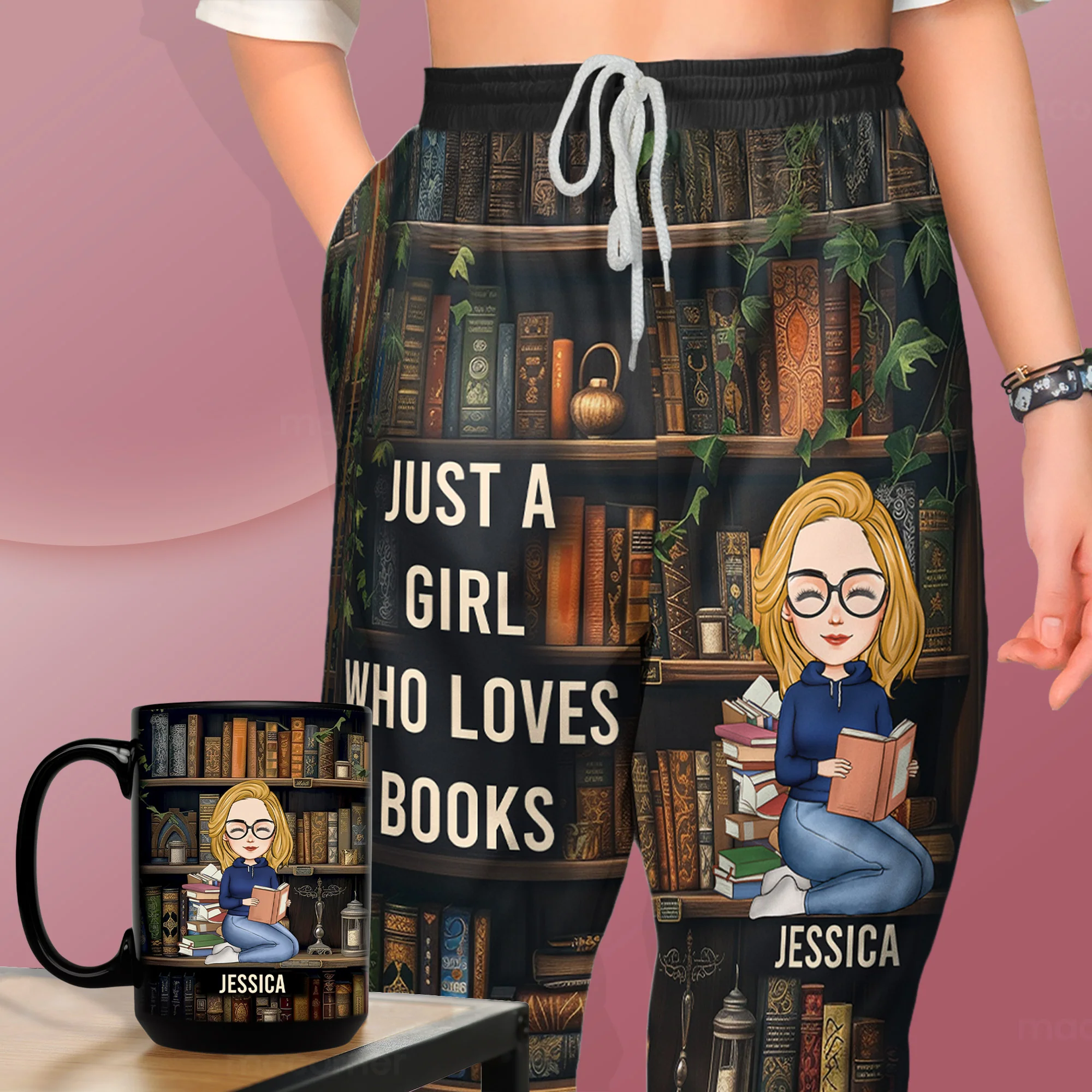 Just A Girl Who Loves Books - Custom Gift Set - Lounge Pants With Pockets, Custom Pajama Pants, Jogger Sweatpants, Gift For Her