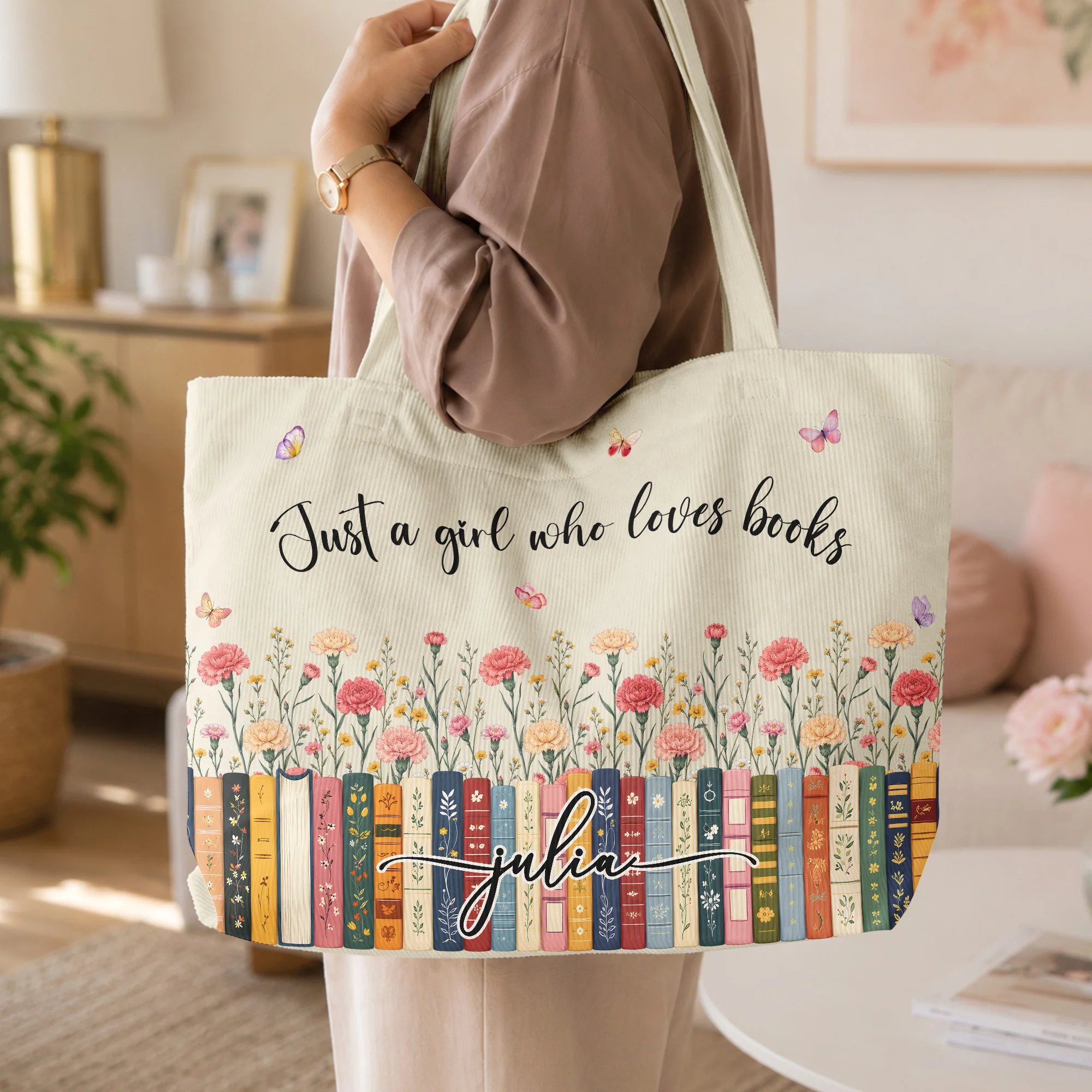 Just A Girl Who Loves Books - Custom Name, Quote & Birth Flower - Personalized Tote Bag - Image 3