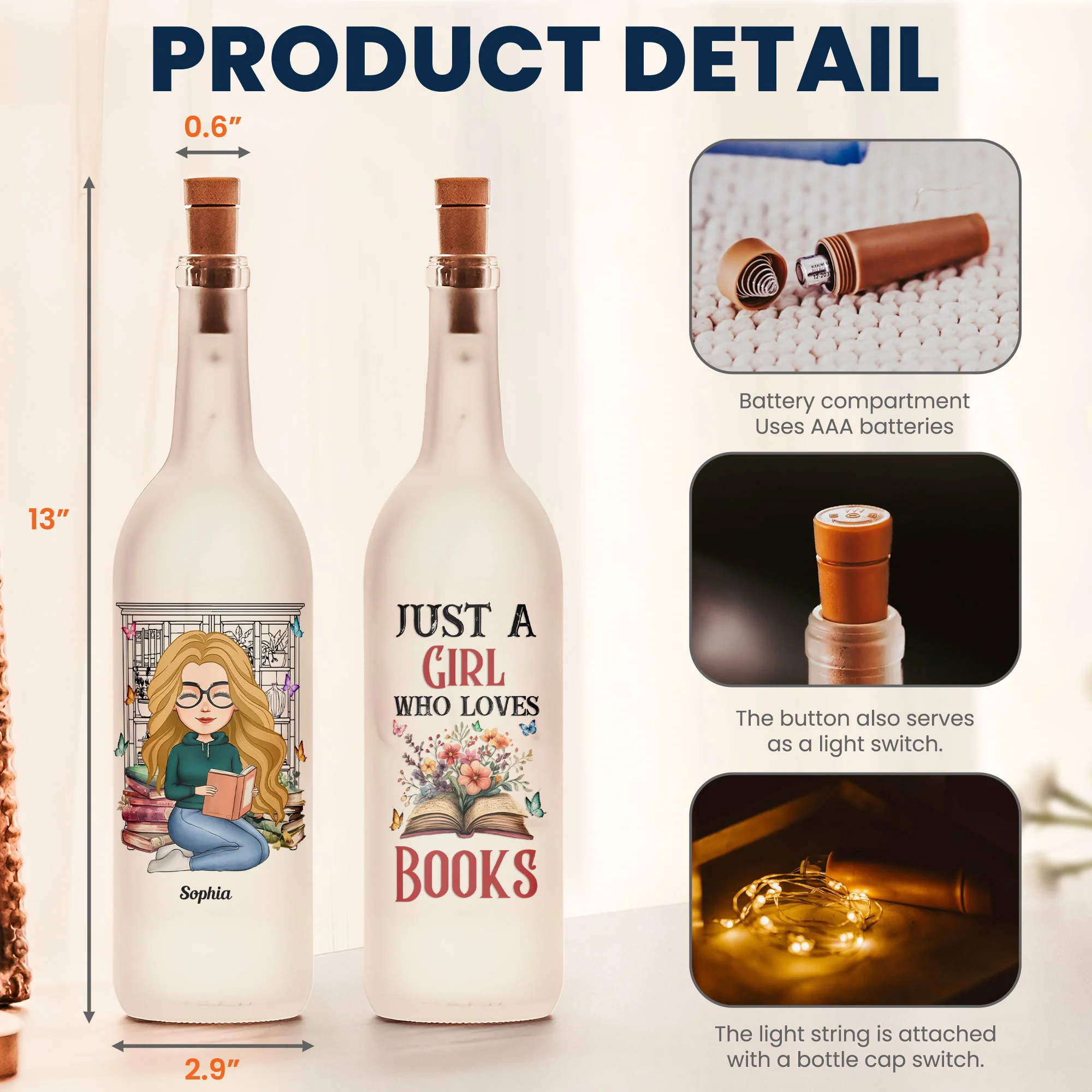 Just A Girl Who Loves Books - Personalized Bottle Lamp - Image 4