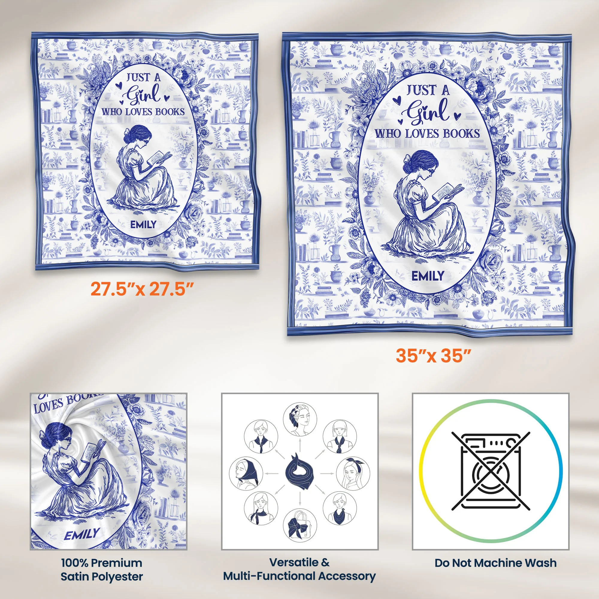 Just A Girl Who Loves Books Toile De Jouy - Personalized Satin Scarf - Image 7