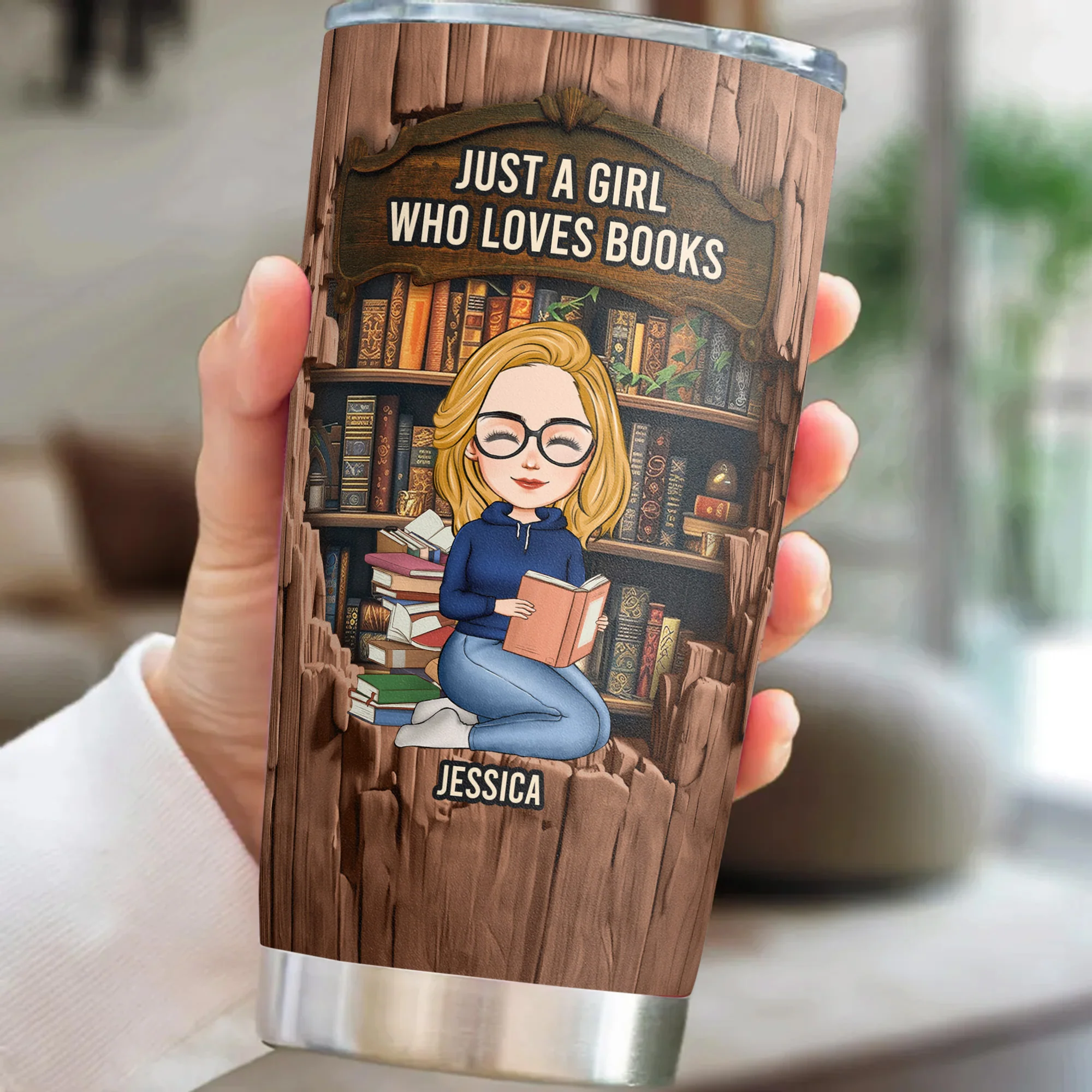 Just A Girl Who Loves Books-Wood Effect - Personalized Tumbler Cup - Image 3