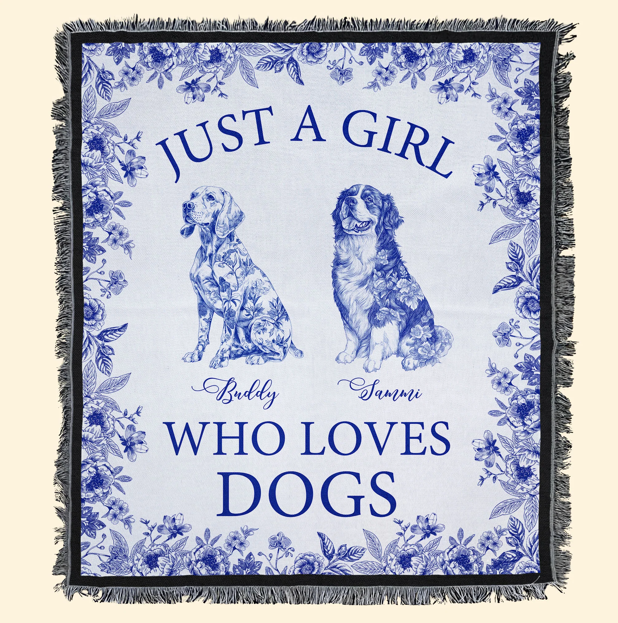 Just A Girl Who Loves Dogs Toile De Jouy Chinoiserie - Personalized Woven Blanket - Image 4