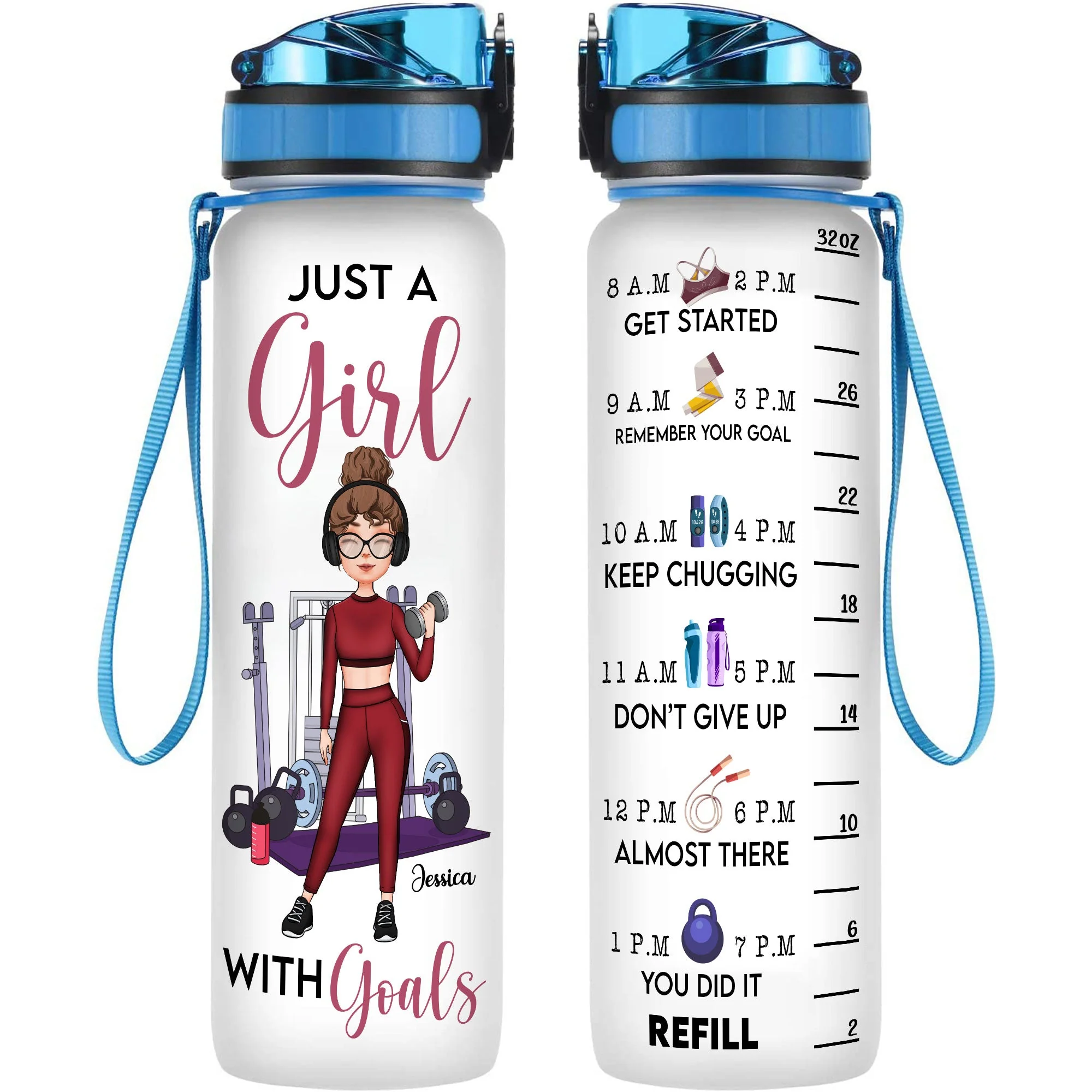 Just A Girl With Goals  - Personalized Water Bottle With Time Marker - Birthday, Motivation Gift For Her, Gymer, Fitness Lover