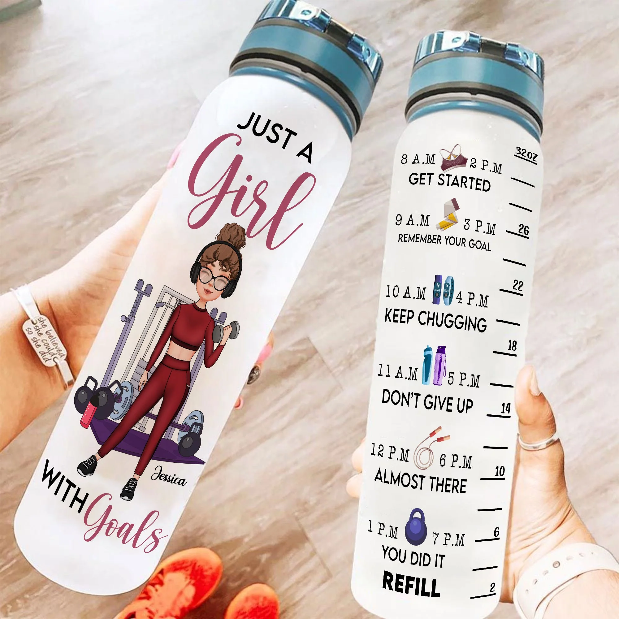 Just A Girl With Goals  - Personalized Water Bottle With Time Marker - Birthday, Motivation Gift For Her, Gymer, Fitness Lover - Image 2