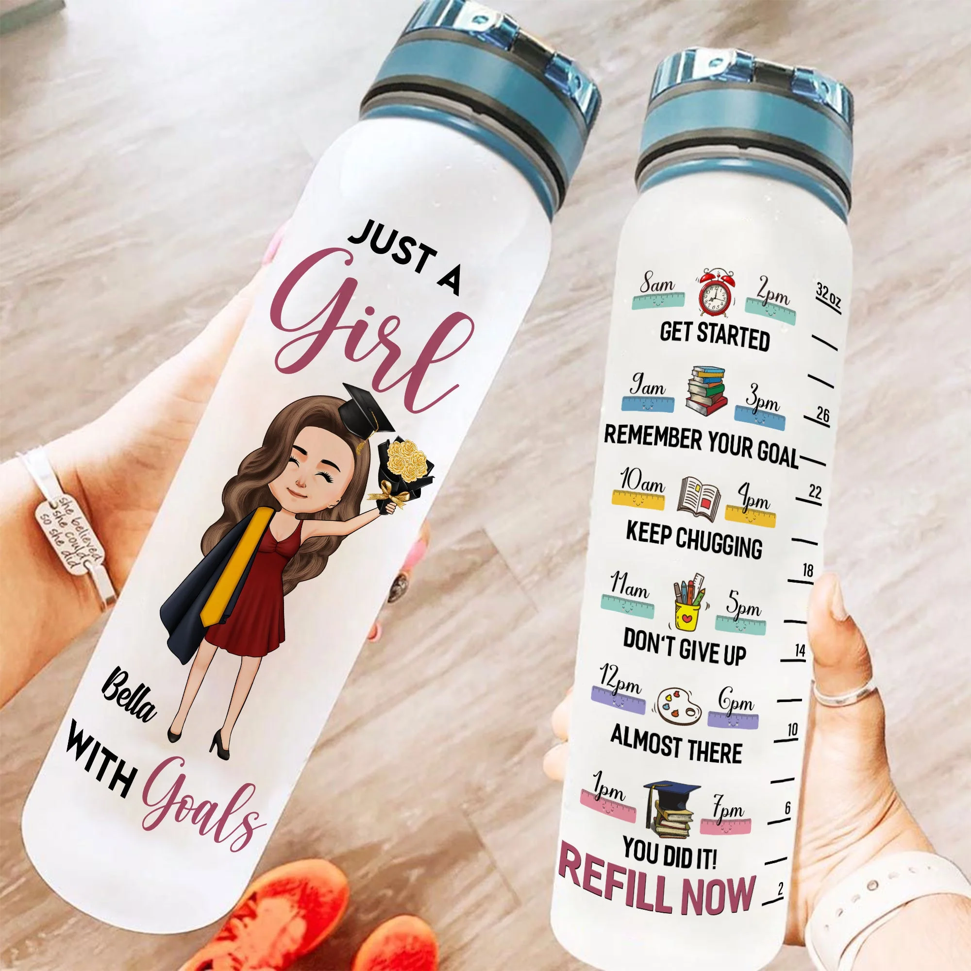 Just A Girl With Goals - Personalized Water Bottle With Time Marker - Image 2