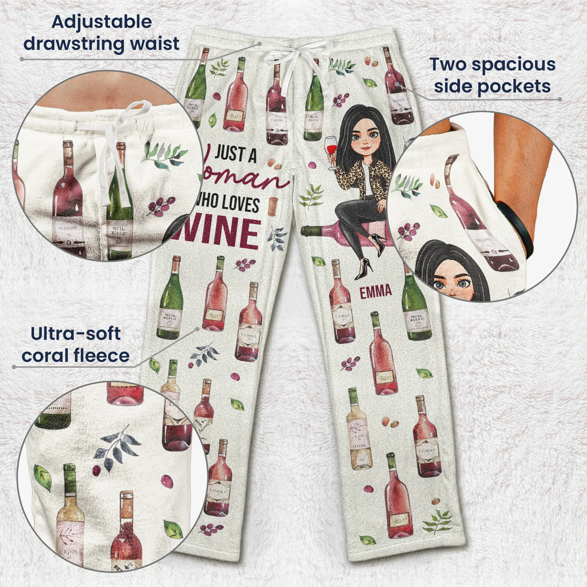 Just A Woman Who Loves Wine - Personalized Fleece Pajama Pants - Image 5