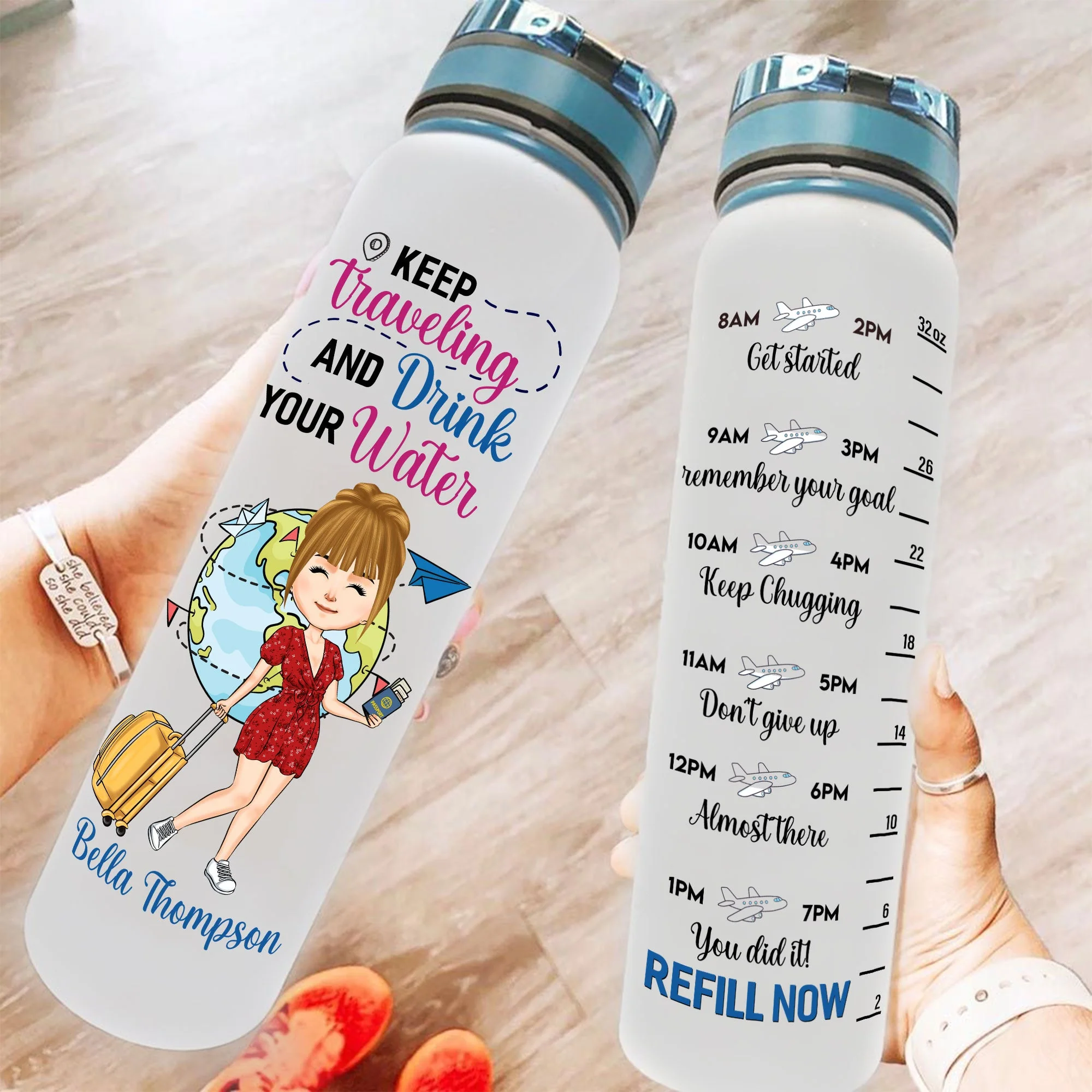 Keep Traveling And Drink Your Water - Personalized Water Bottle With Time Marker - Birthday Gift For Her, Girl, Friend, Travelers, Trippin' - Image 2