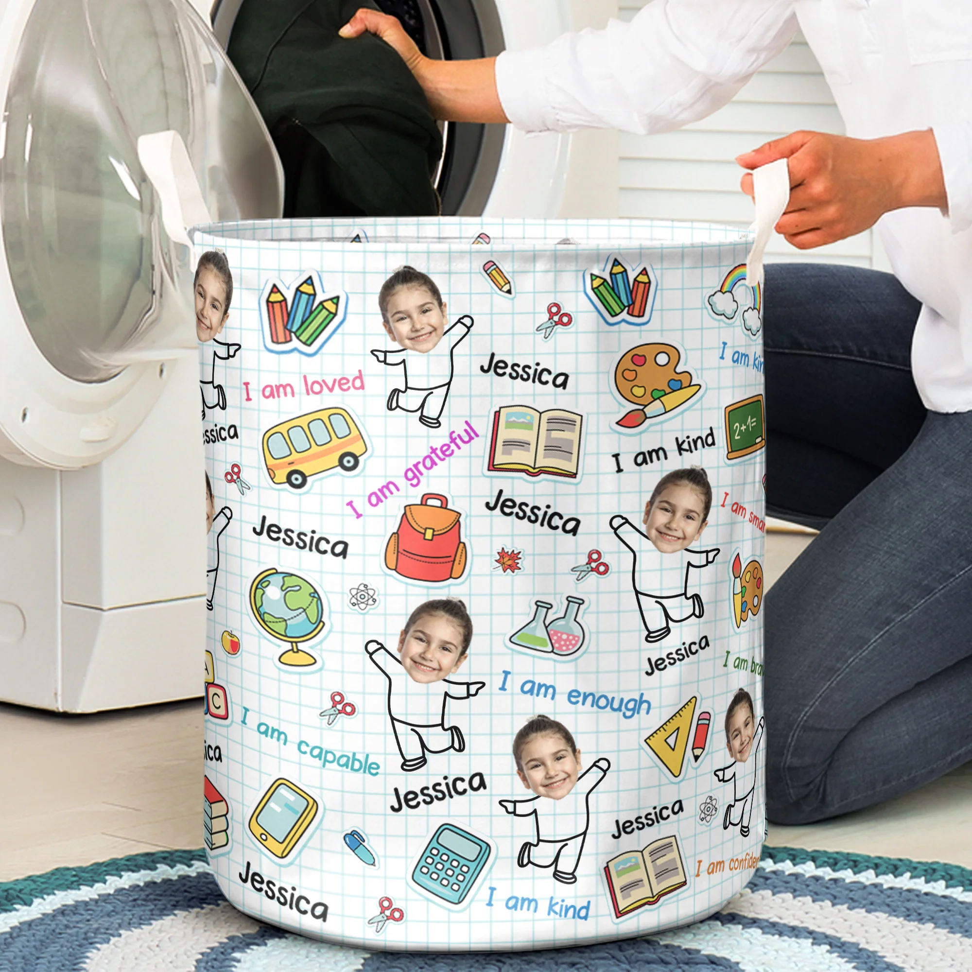 Kid Affirmations Custom Face - Personalized Photo Laundry Storage Basket - Image 4