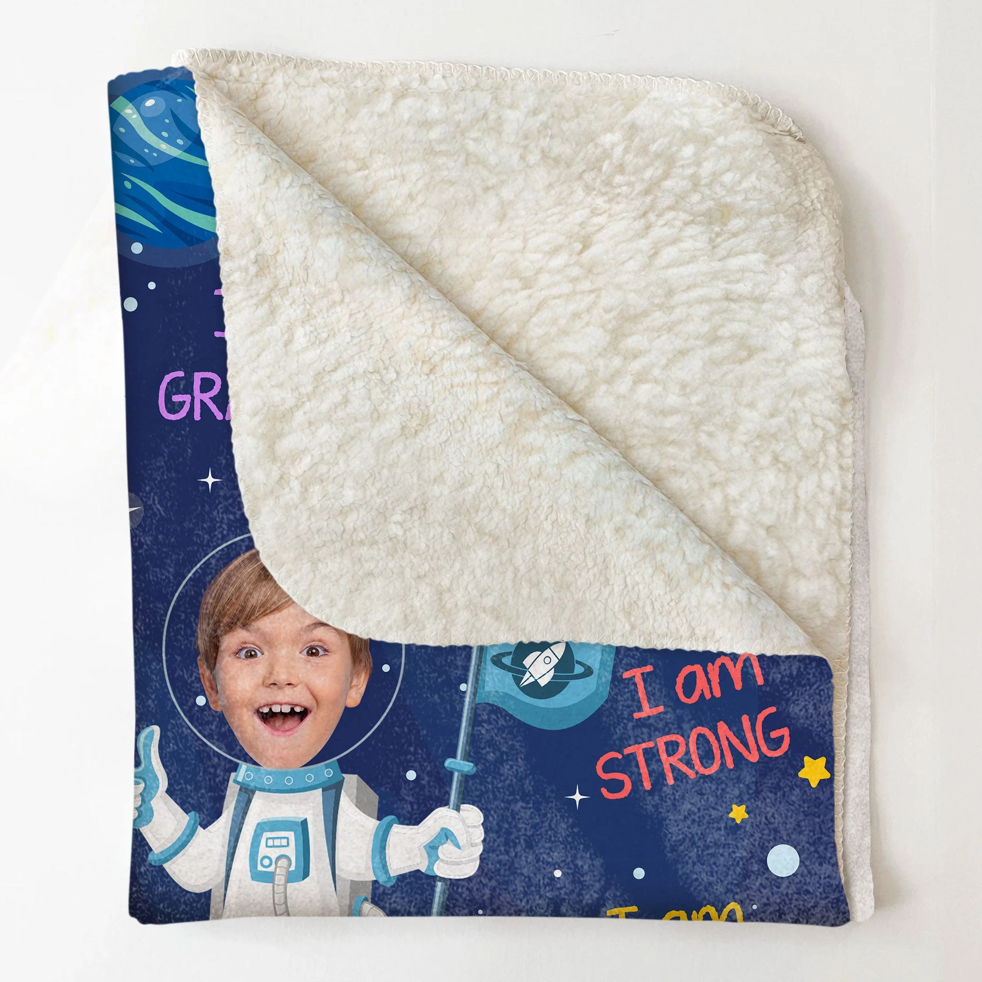 Kid Affirmations I Am Kind Smart Loved Astronaut - Personalized Kid Photo Blanket - Image 5