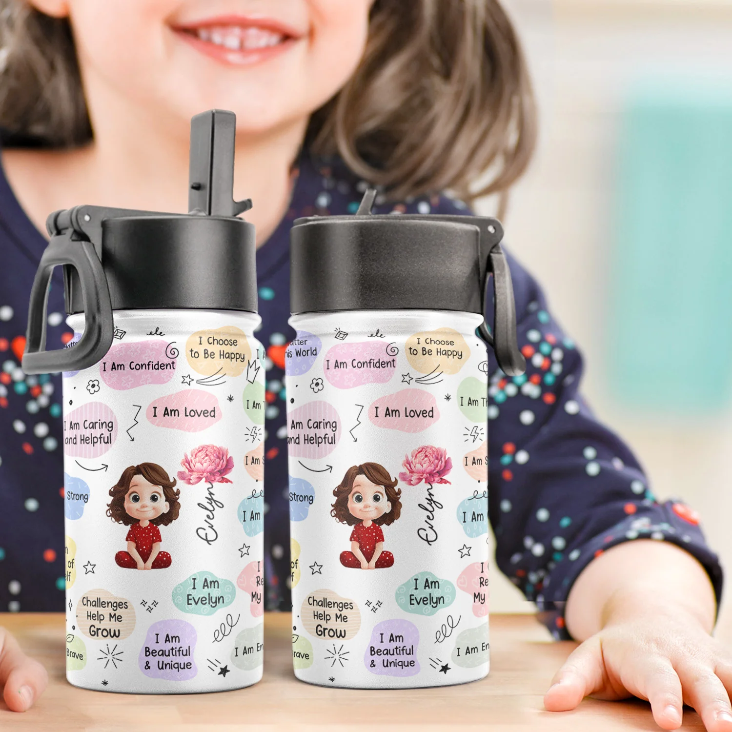 Kid Birth Flower Affirmation - Personalized Kids Water Bottle With Straw Lid - Image 5