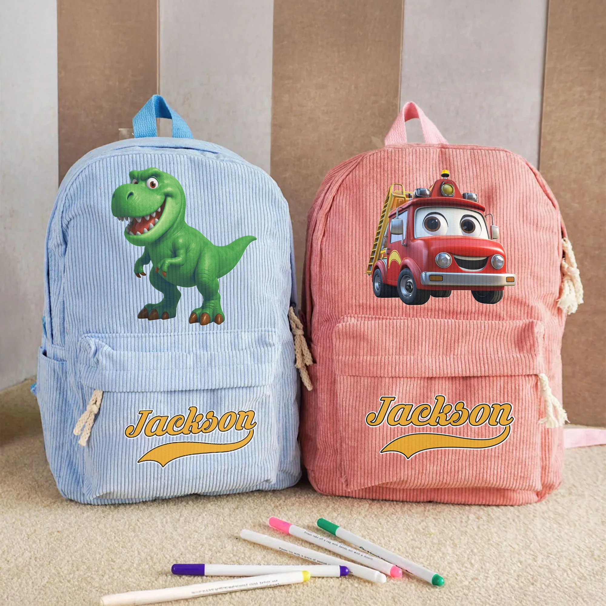 Kid Cartoon Dinosaurus & Vehicles - Personalized Backpack