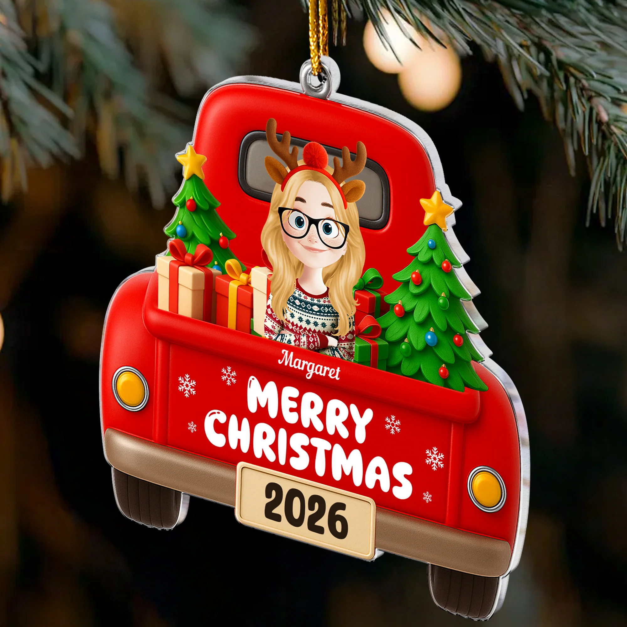 Kid Christmas Red Truck - Personalized Acrylic Ornament - Image 3