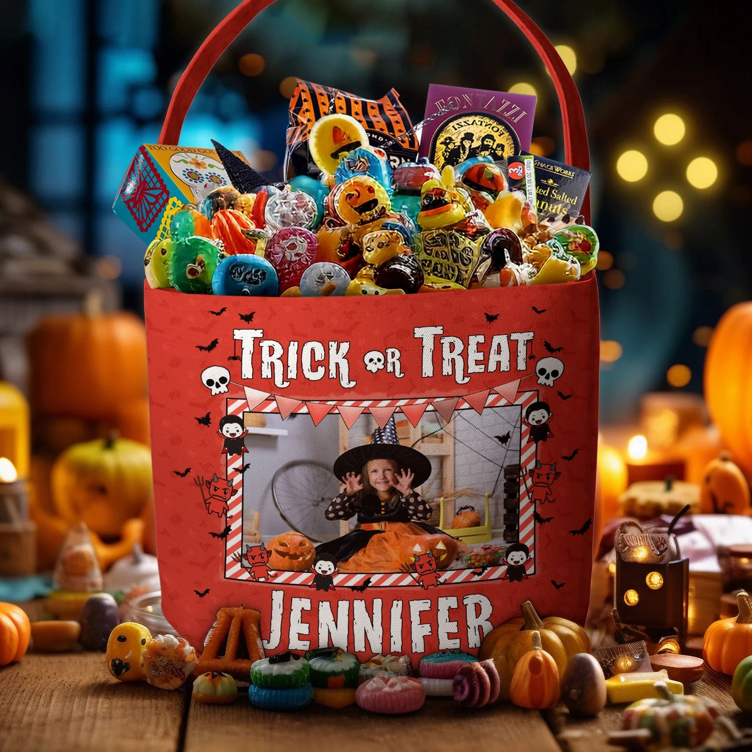 Kid Halloween Trick Or Treat Bag - Personalized Photo Halloween Spooky Basket - Image 3