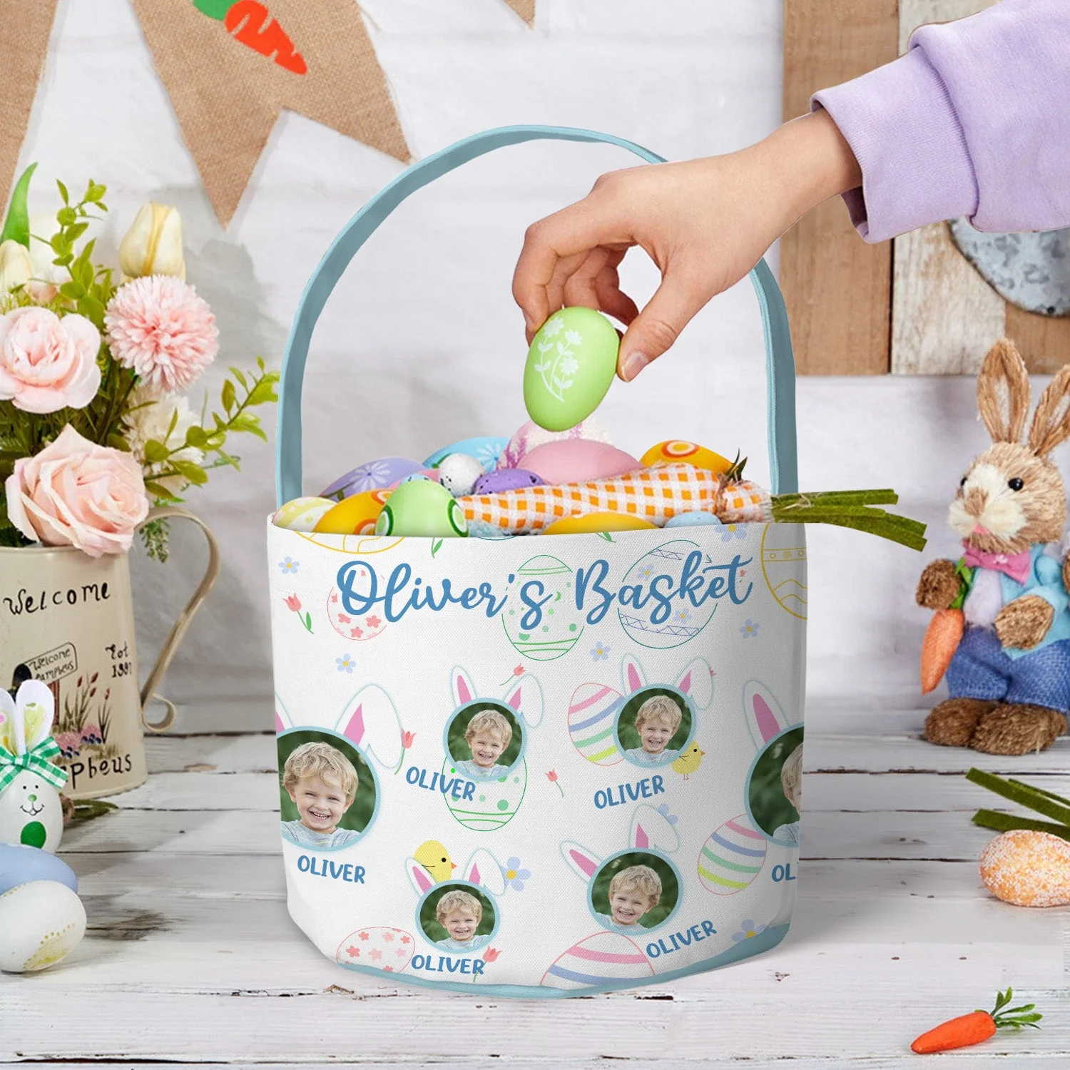 Kid Happy Easter With Bunny Ears - Personalized Photo Easter Basket - Image 5