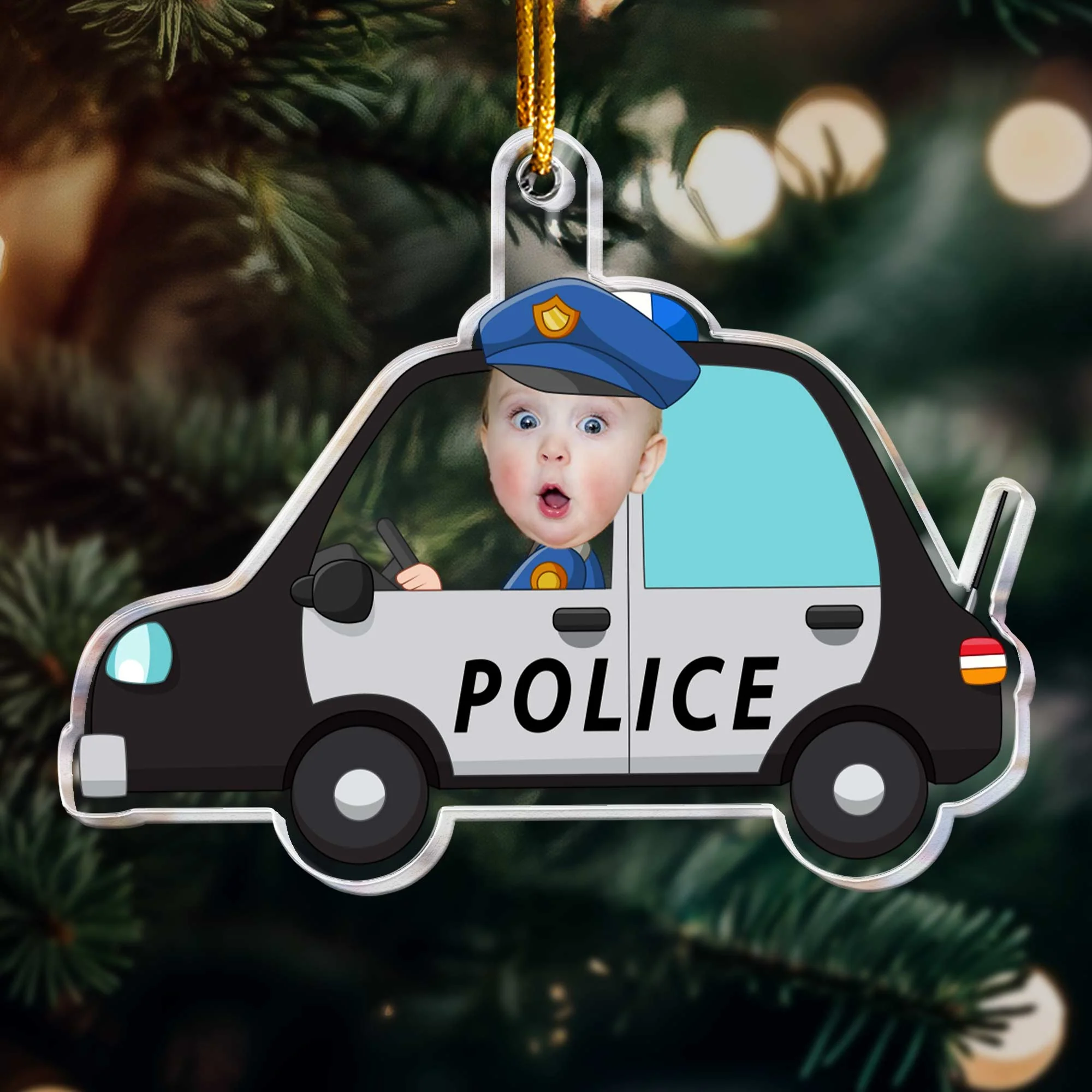 Kid Riding A Police Car- Personalized Acrylic Photo Ornament - Image 5