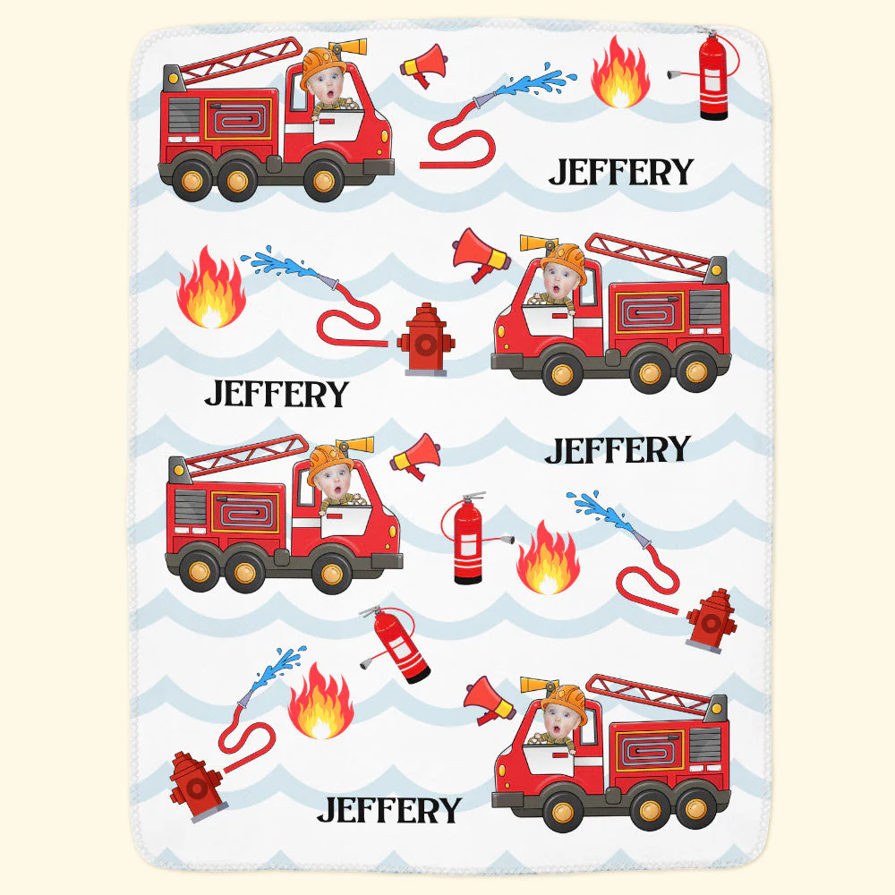 Kid Riding Fire Truck - Personalized Baby Photo Blanket - Image 4