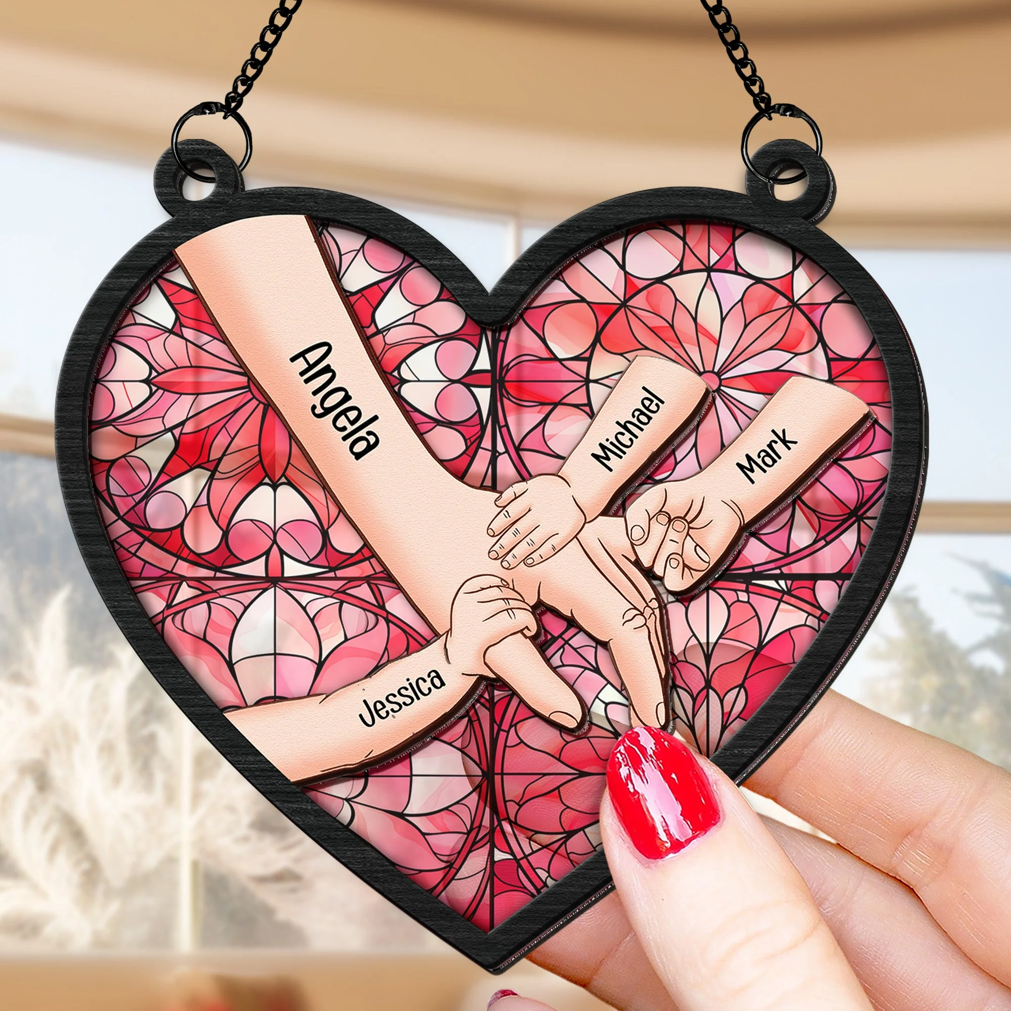 Kids Holding Mom Hand - Personalized Window Hanging Suncatcher Ornament Gift For Mother's Day - Image 3