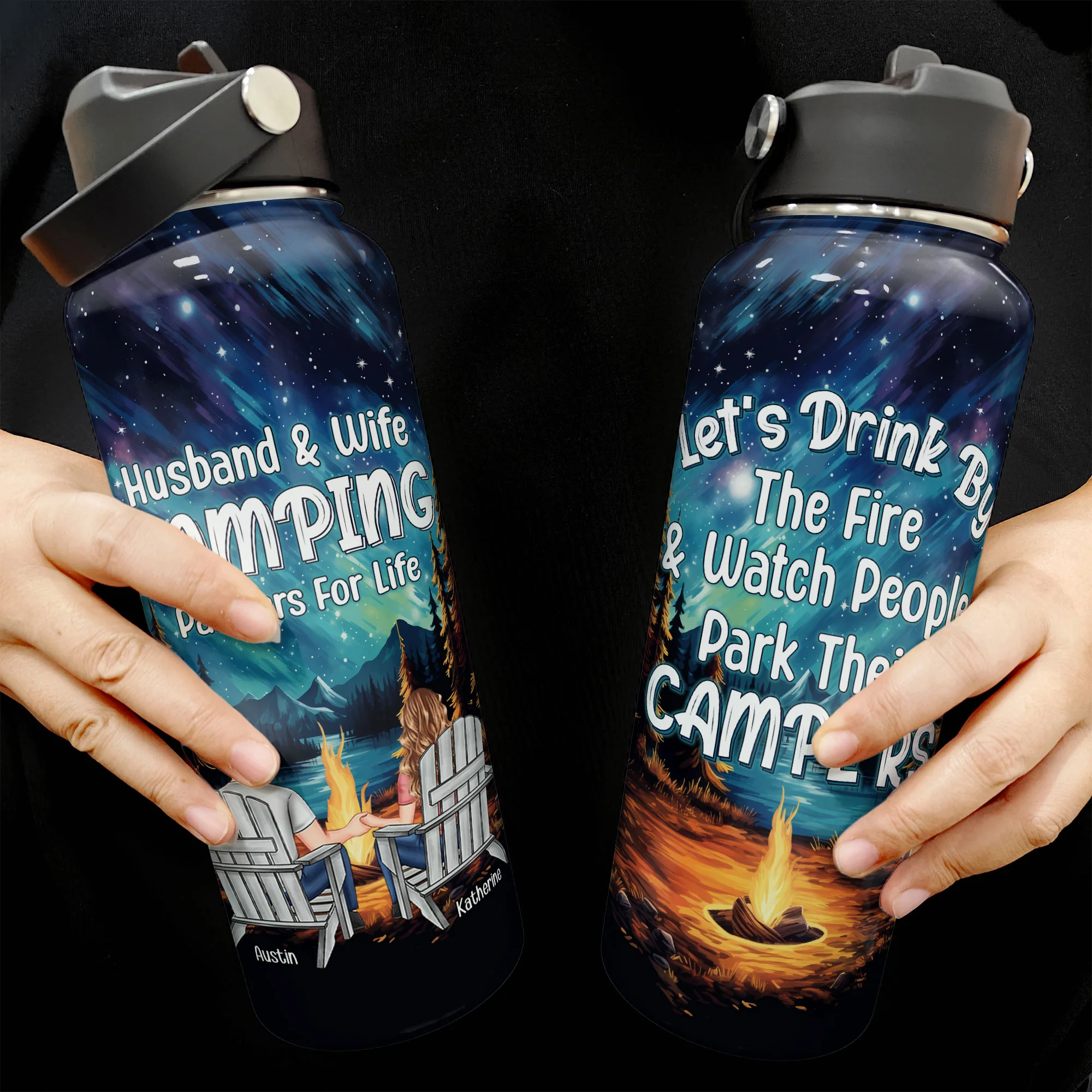 Let's Drink By The Fire & Watch People Park Their Campers - Personalized Stainless Steel Water Bottle - Image 3