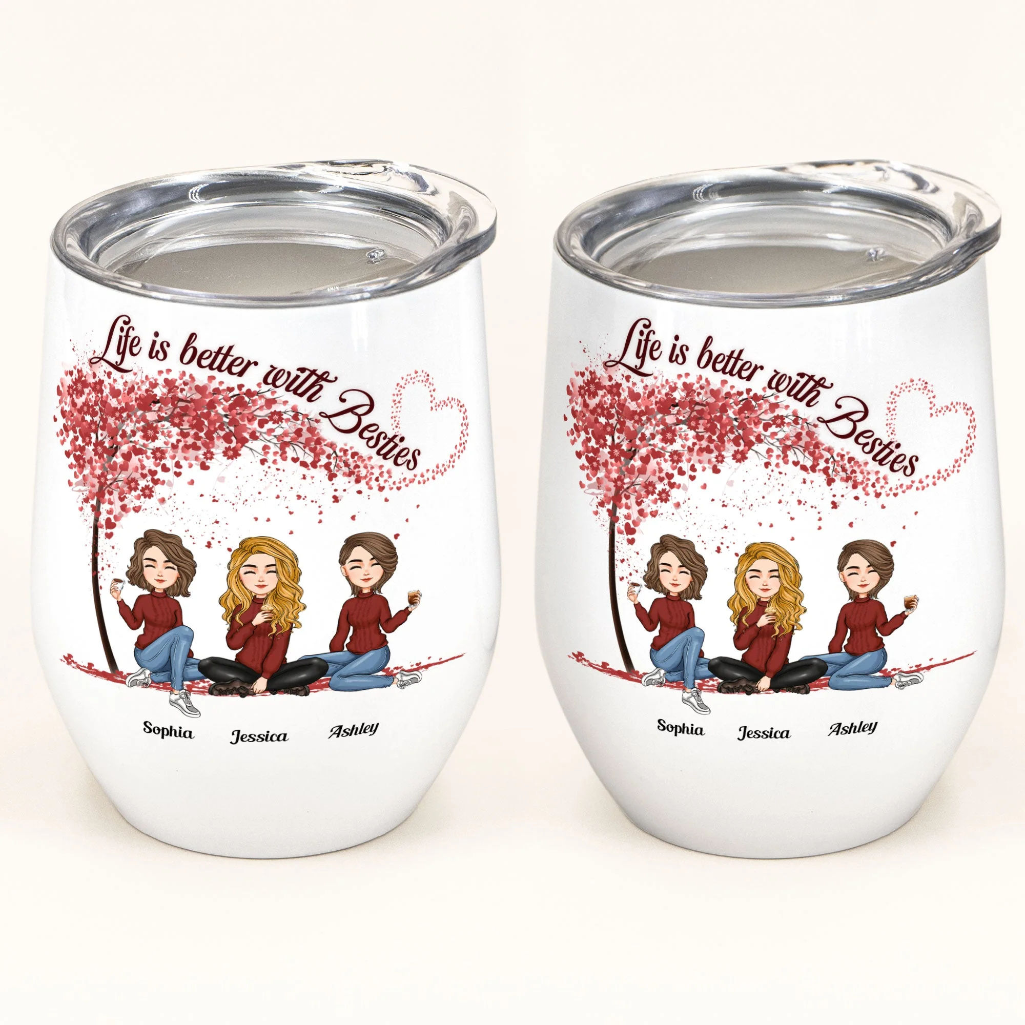 Life Is Better With Besties - Red Tree - Personalized Wine Tumbler - Christmas, New Year Gift For Sisters, Sistas, Besties, Soul Sisters - Image 2