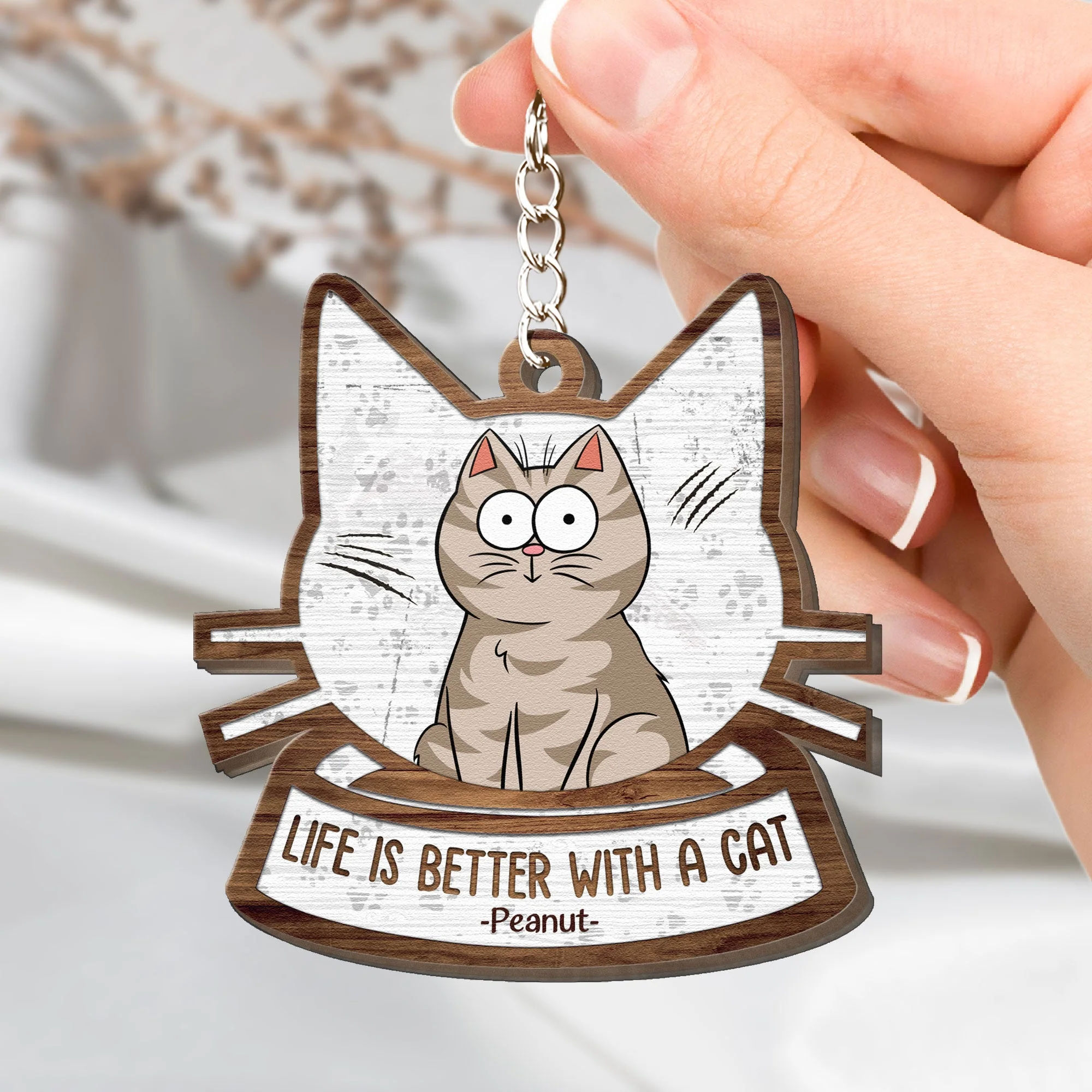 Life Is Better With Cats - Personalized Wooden Keychain - Image 2